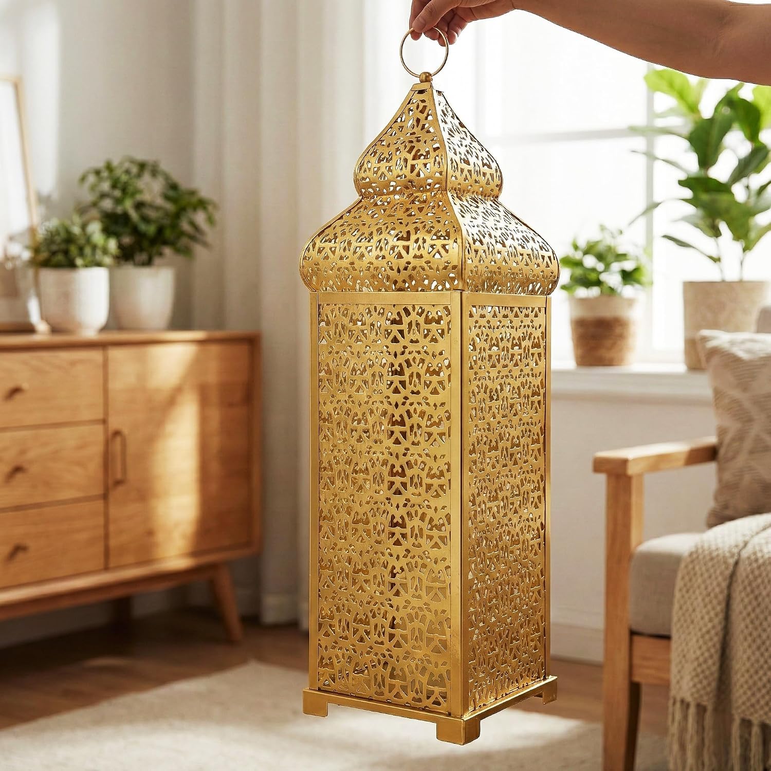 Vela Lanterns Decorative Indoor Tall Moroccan Floor Candle Holder, Gold, XL | Ramadan Decorations for Home, Extra Large