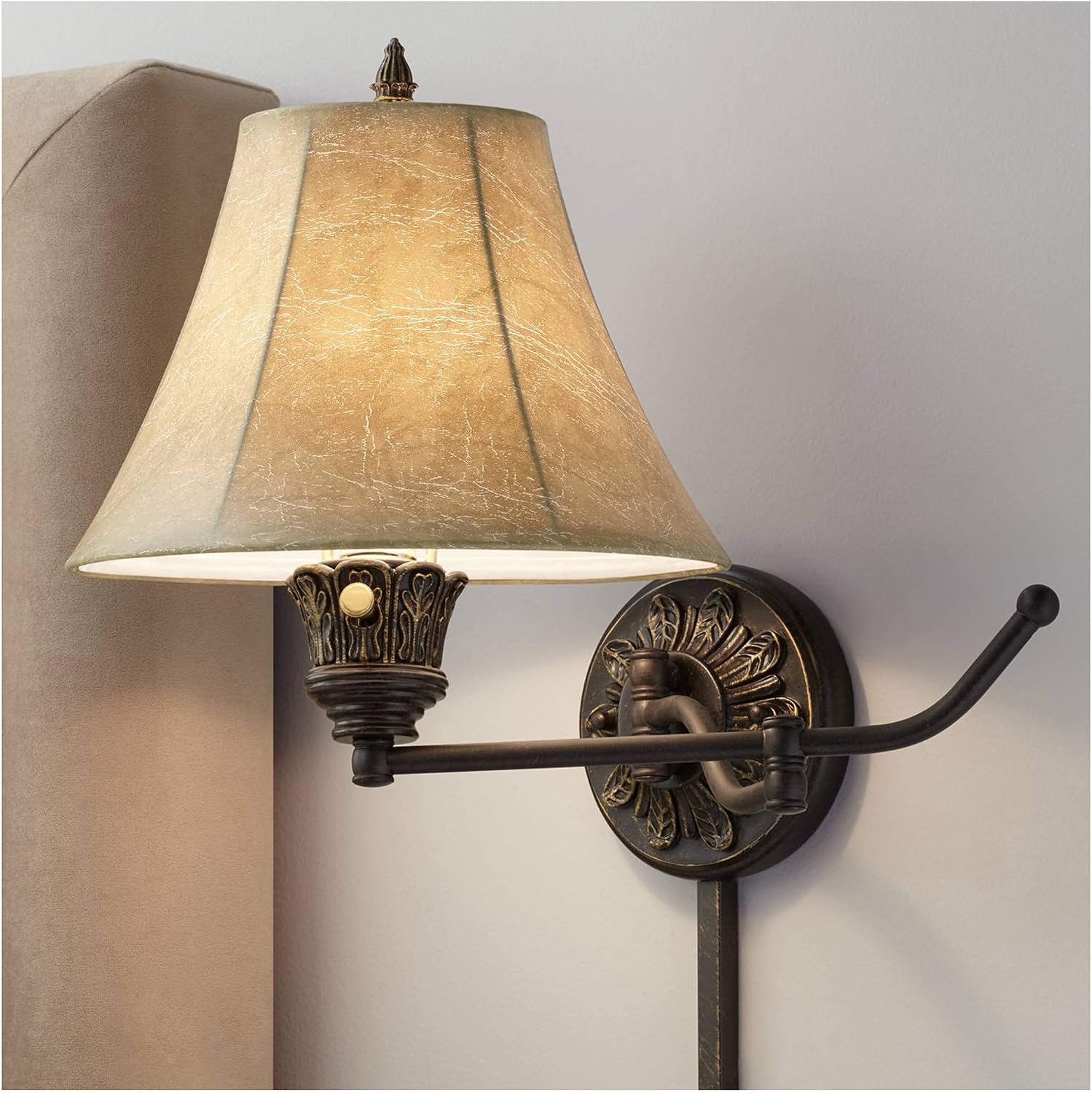 Rosslyn Bronze Plug-In Swing Arm Wall Lamps Set of 2 Rustic Light Fixture | French Country Faux Leather Bell Shade for