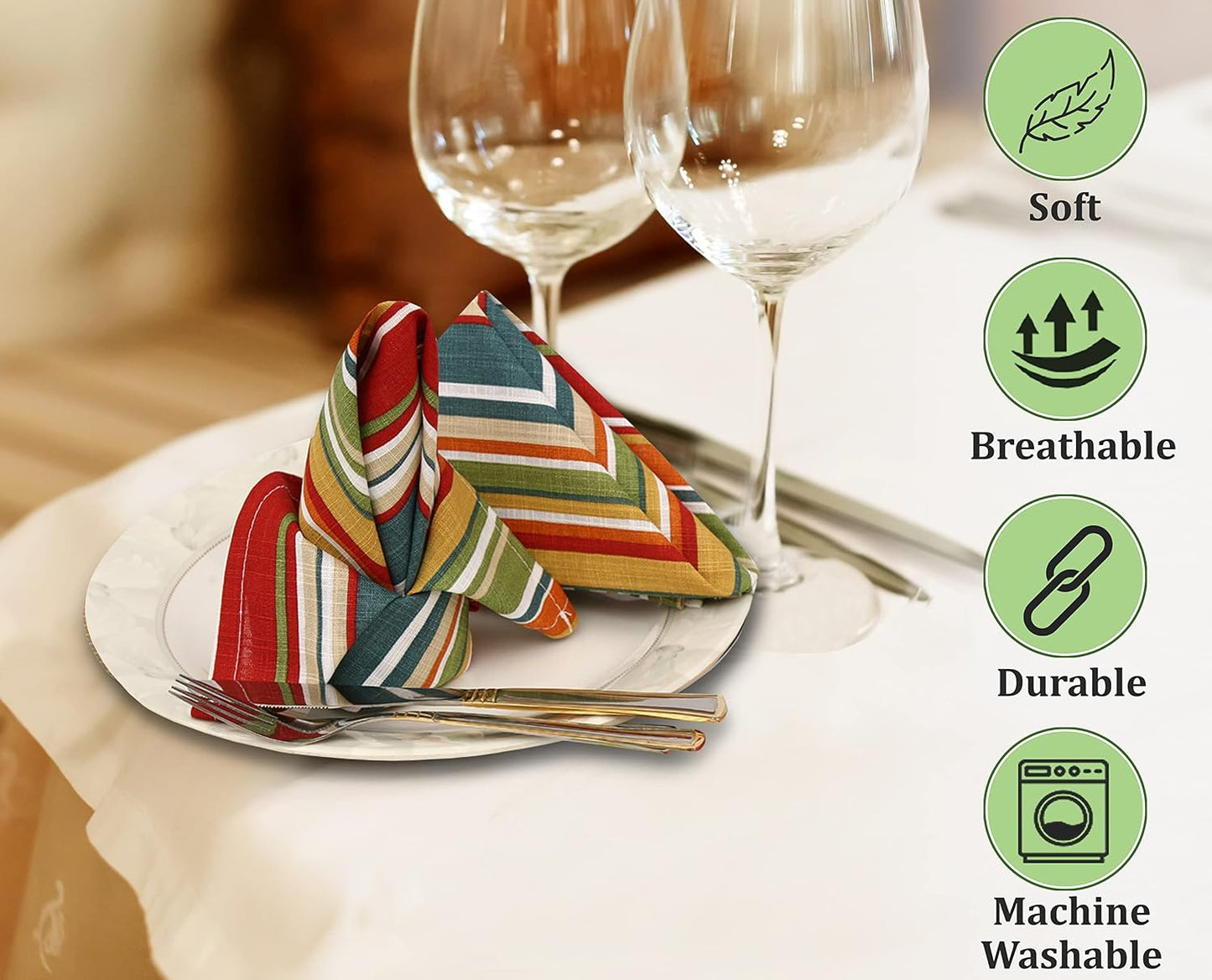 Ruvanti Cloth Napkins Set of 6, 100% Cotton 18”x18” - Multi Stripes | Washable, Soft, Durable & Absorbent Everyday