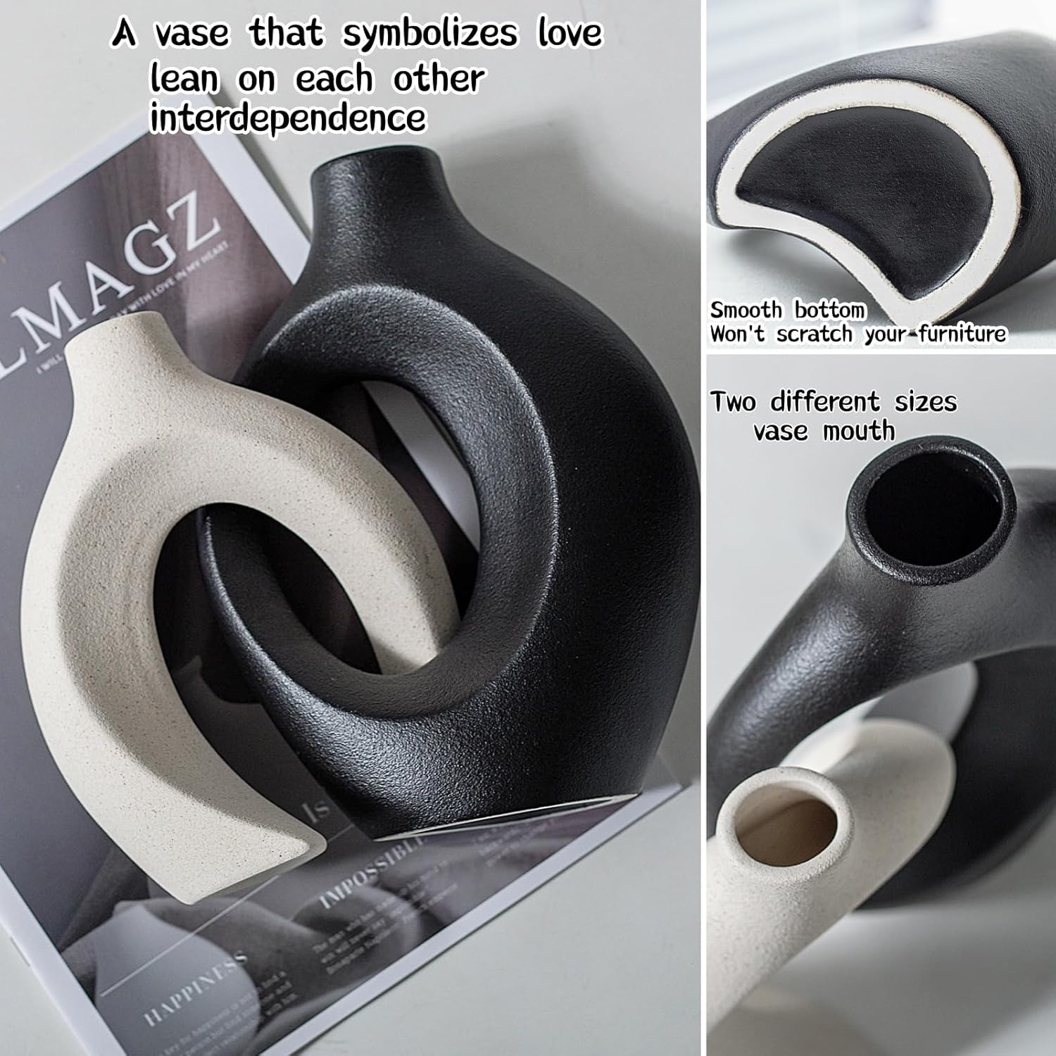 Black and Off-White Hollow Ceramic Vase / Black+off-white L / Set of 2