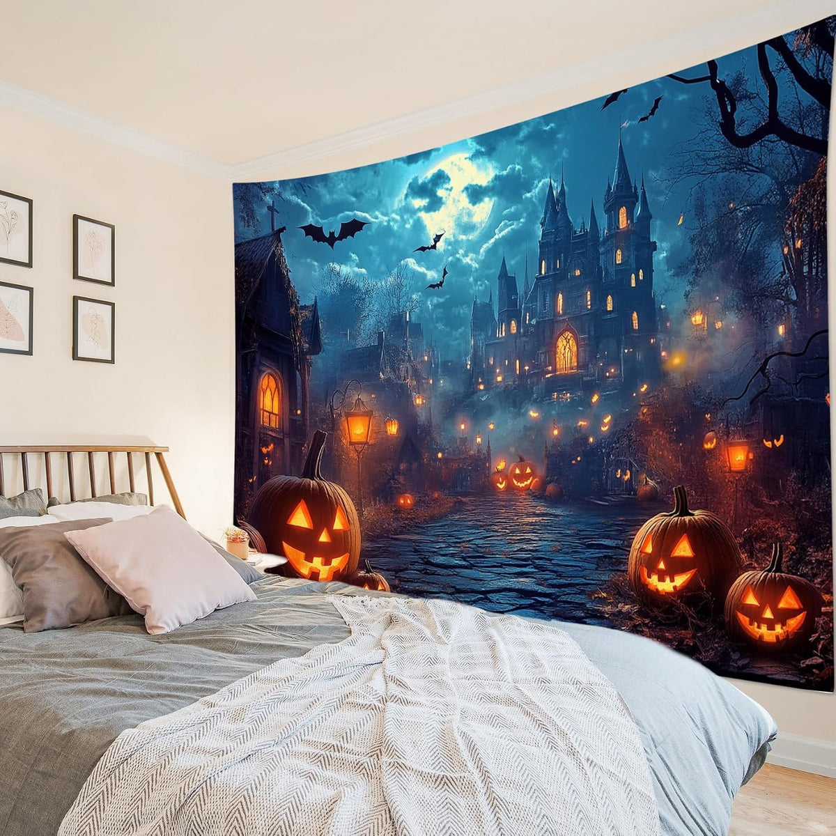 HVEST Horror Halloween Tapestry Wall Hanging Spooky Pumpkin and Gothic Haunted House Wall Art Moon and Scary Bat Tapestry for Bedroom Living Room Dorm Wall Decor, 70.9L X 92.5W inches
