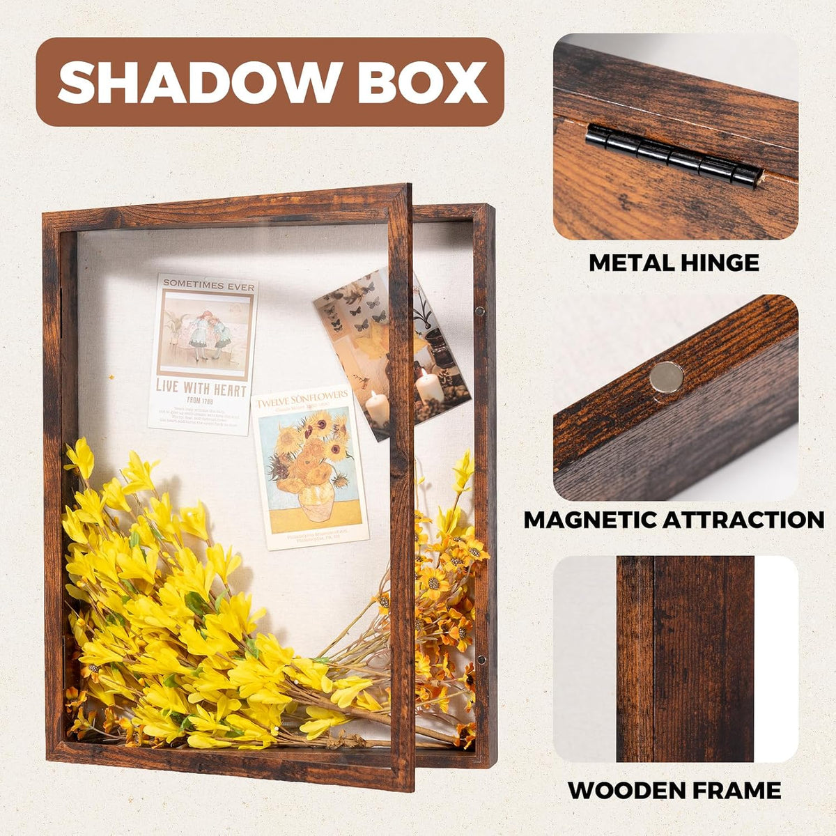 Muzilife 16x20 Shadow Box Picture Frame, 2.16 Deep, Real Glass, Honey Brown | FSC-Wood, Magnetic Door, Linen Interior &