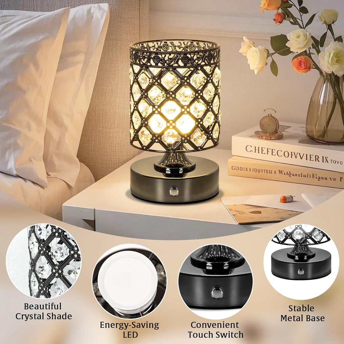 Black Small Crystal Rechargeable Cordless Table Lamps Set of 2 | 6000mAh Battery, 3 Color Temps, Stepless Dimming