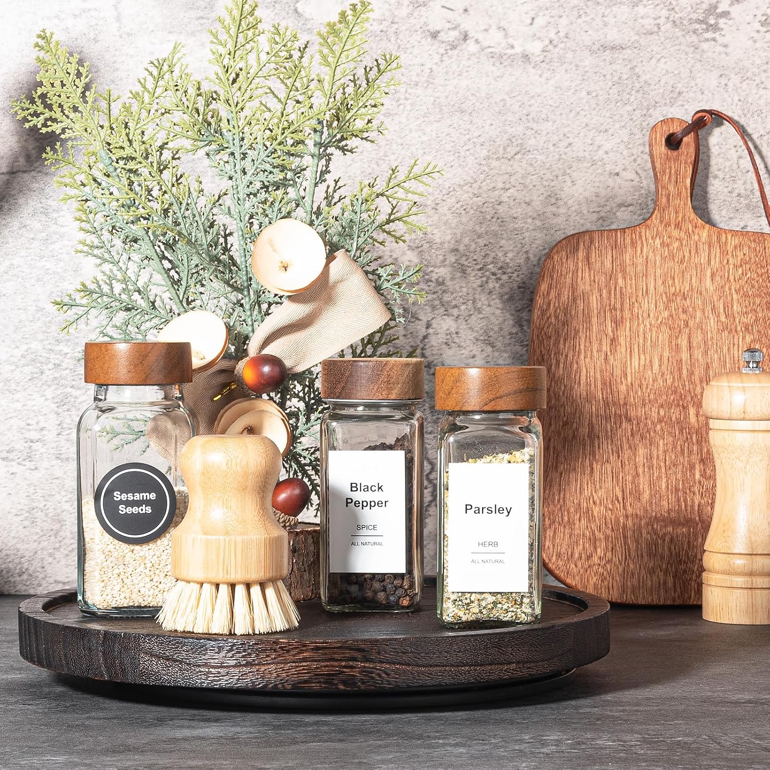 Wood Lazy Susan Organizer Kitchen Turntable for Cabinet Farmhouse Bathroom / Dark Brown / Set of 10
