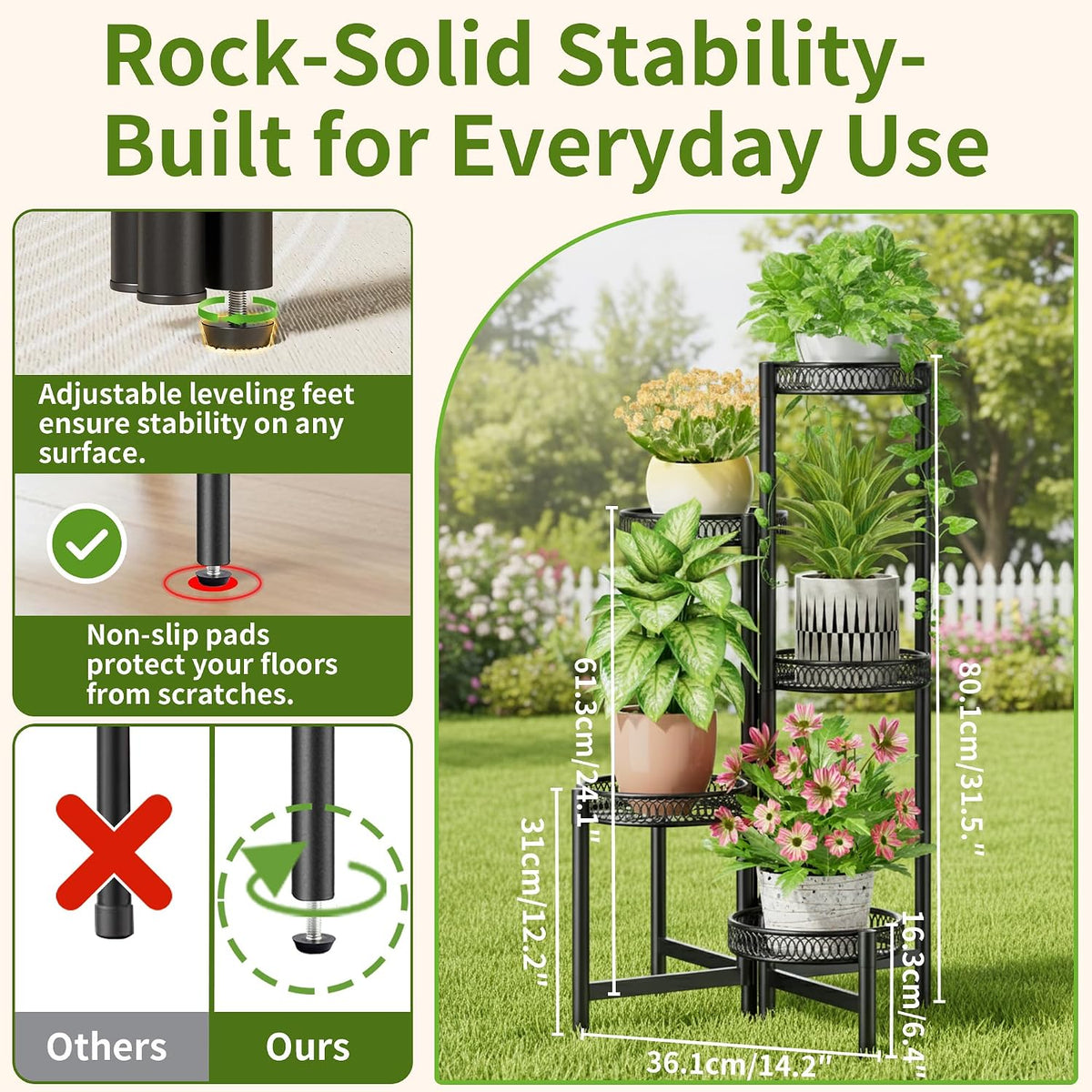 Plant Stand Indoor Outdoor, 5 Tier Corner Metal Flower Display Holder Stand, Folding Tall Plant Rack for Patio Balcony