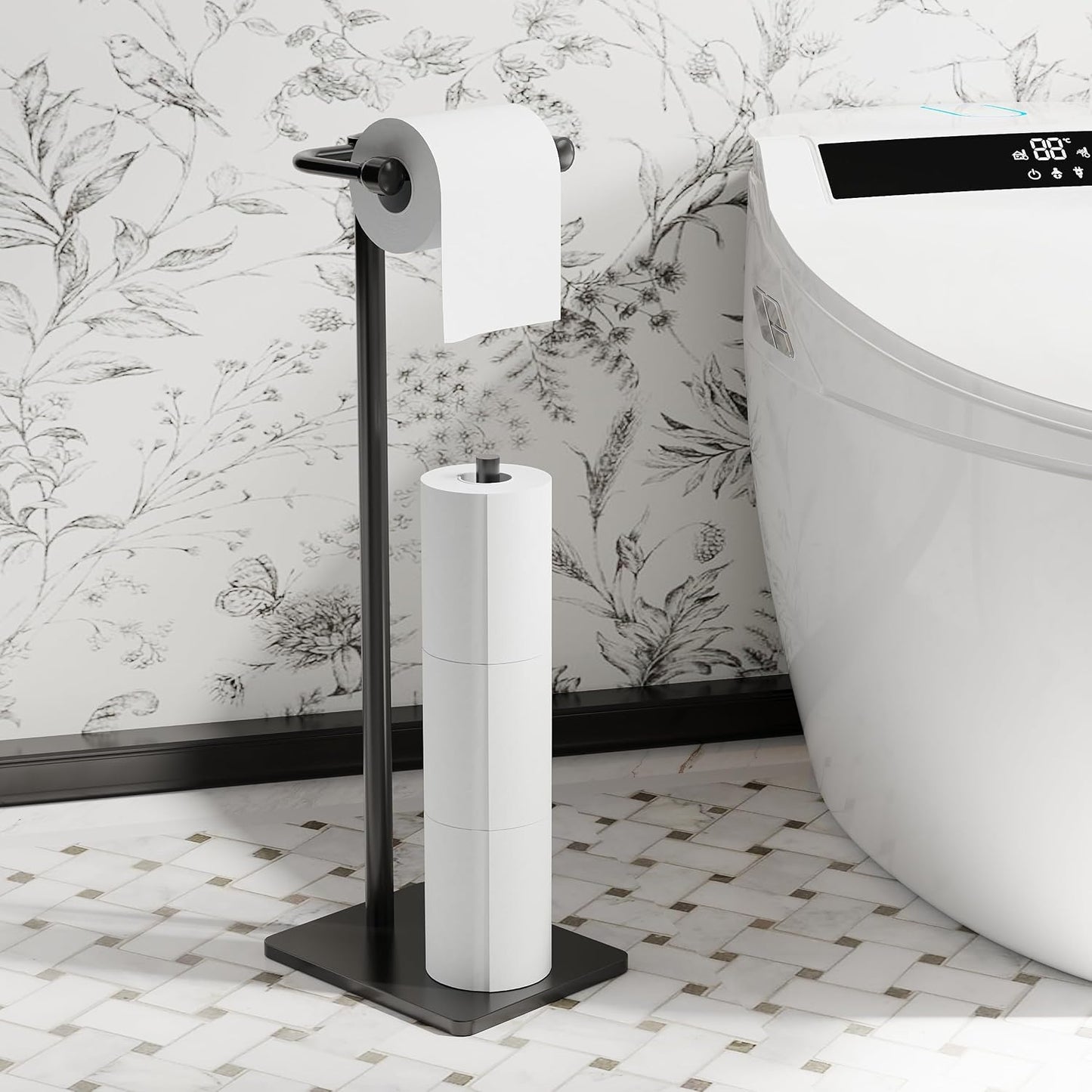 RUACQ Bathroom Toilet Paper Holder Stand with Storage, Matte Black | Pivoting Free Standing Toilet Roll Holder, Holds 4