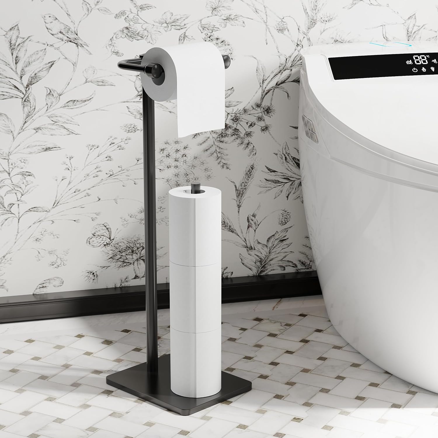 RUACQ Bathroom Toilet Paper Holder Stand with Storage, Matte Black | Pivoting Free Standing Toilet Roll Holder, Holds 4