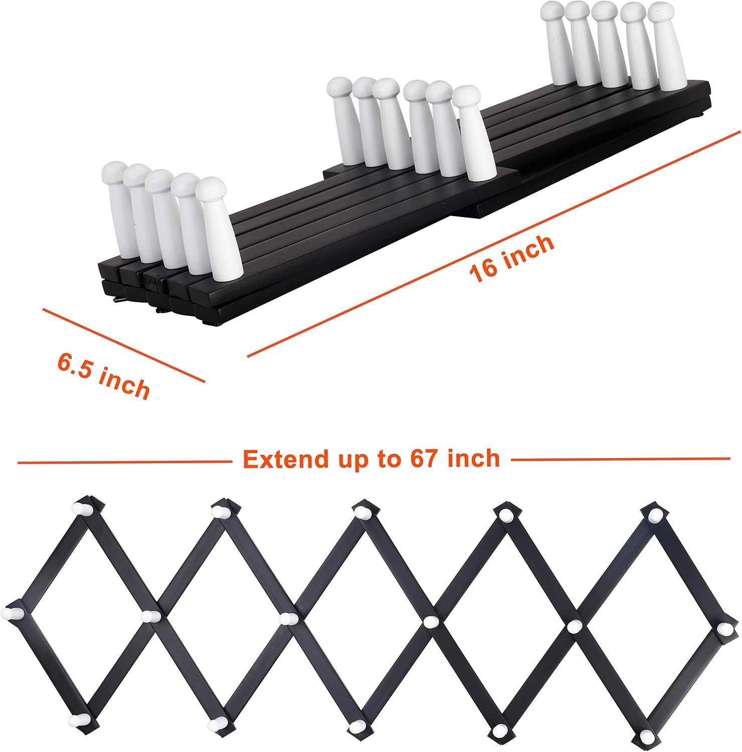 Accordian Wall Hanger: Wooden Coat Rack Wall Mounted, Hat Racks for Baseball Caps, Mug Rack, 16 Peg Hooks, Black & White