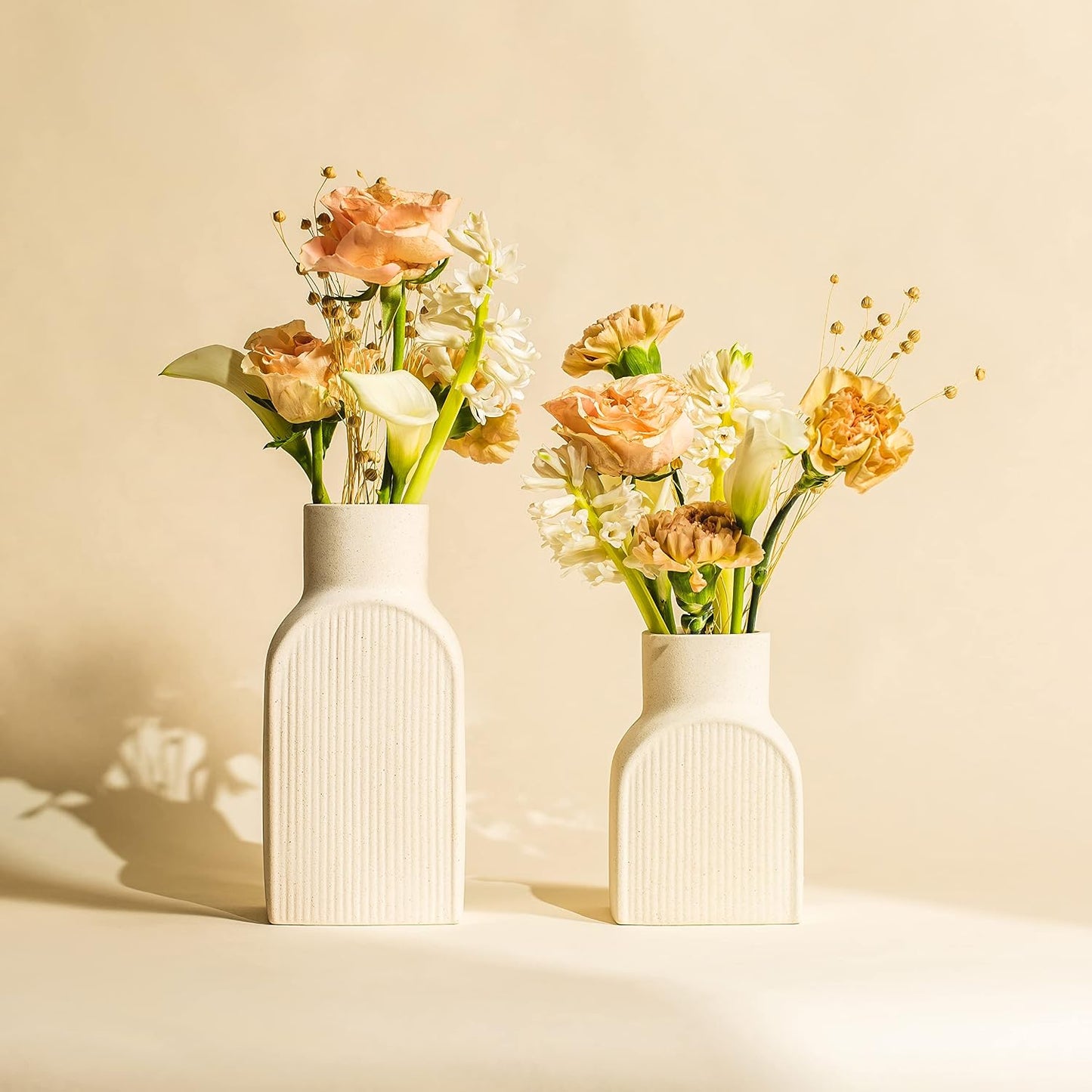 Ceramic Ribbed Vases / Bottle Flower Planter Set. Scandi Style Home Decor. Neutral