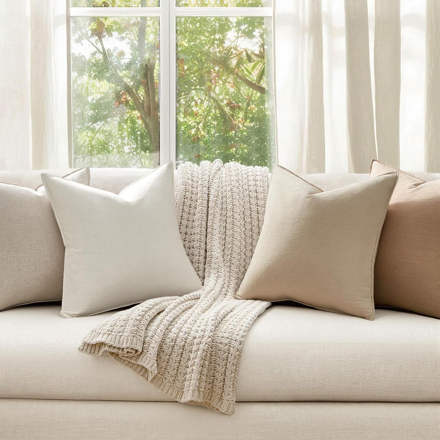Decorative Linen Pillow Covers Boho Couch Throw Pillows for Bed / Natural / 18 x 18 / Set of 4
