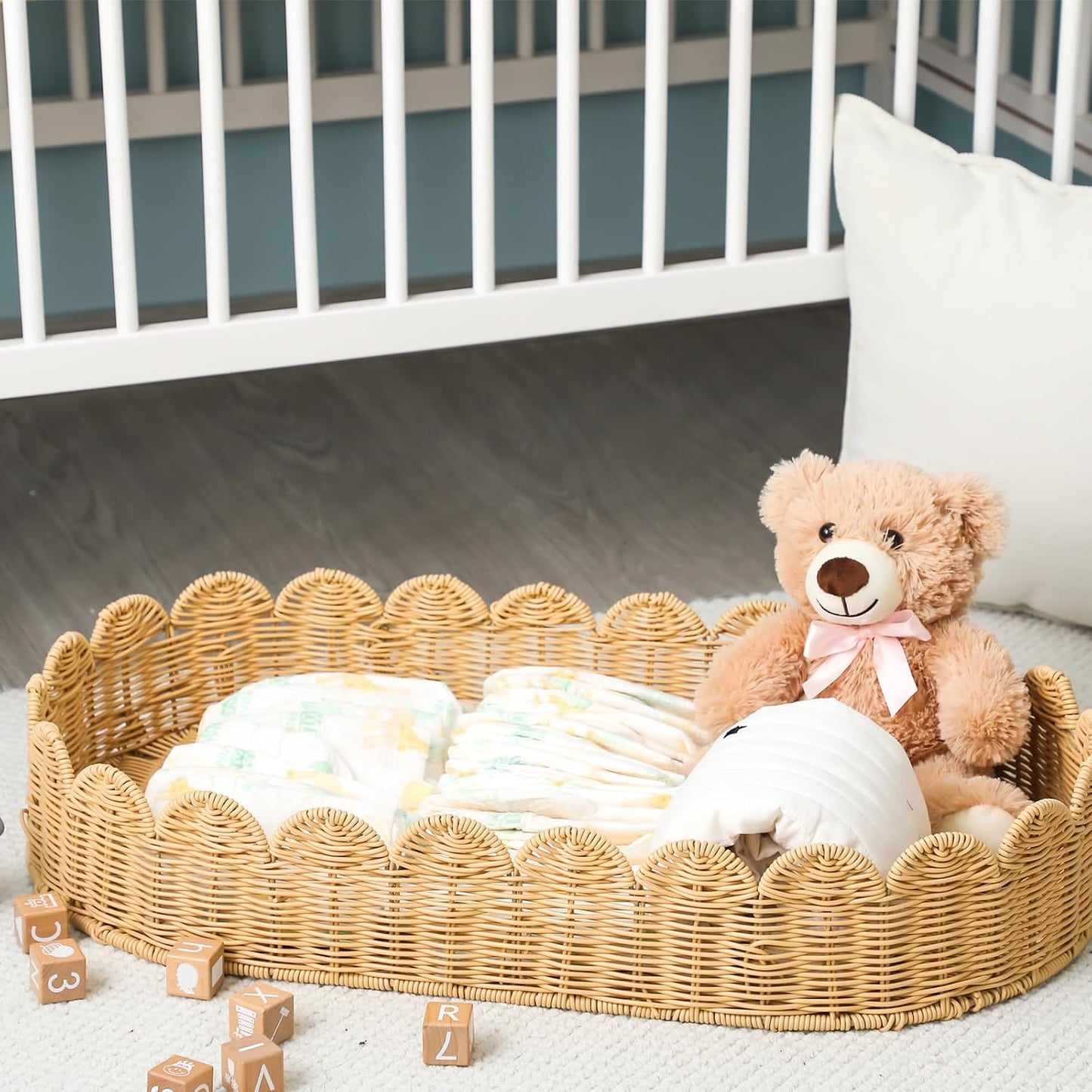 Handmade Scalloped Rattan Baby Changing Basket Changing Table Basket for Baby / 30 x 16.5 x 5.1