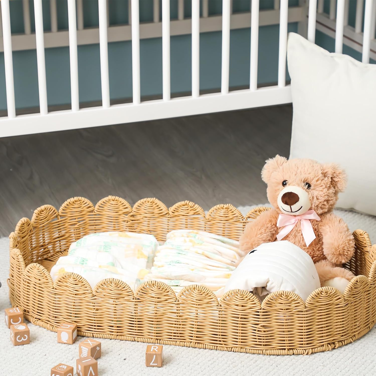 Handmade Scalloped Rattan Baby Changing Basket Changing Table Basket for Baby / 30 x 16.5 x 5.1