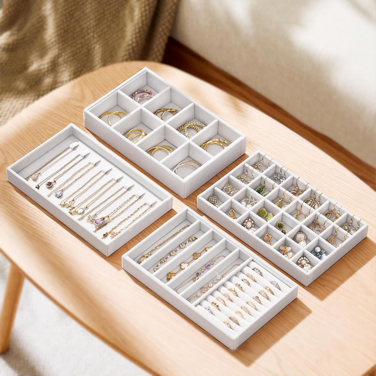 Velvet Jewelry Drawer Organizer Trays / White / Compact