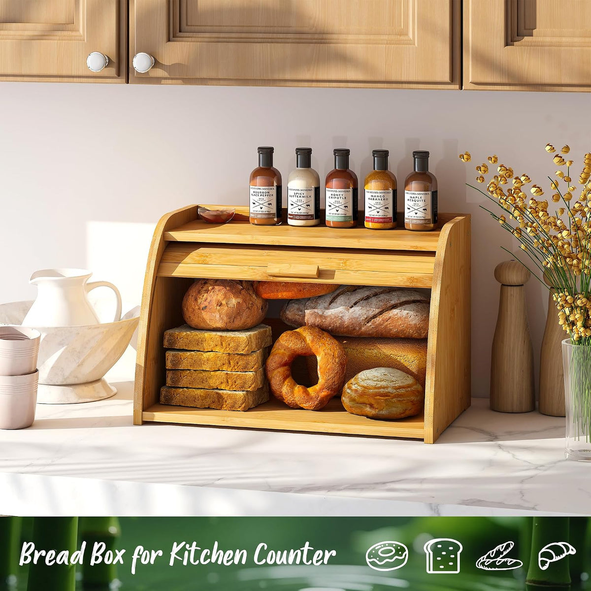 Bread Box for Kitchen Countertop, Large Bamboo Wood Bread Box, Wooden Corner Bread Storage Capacity