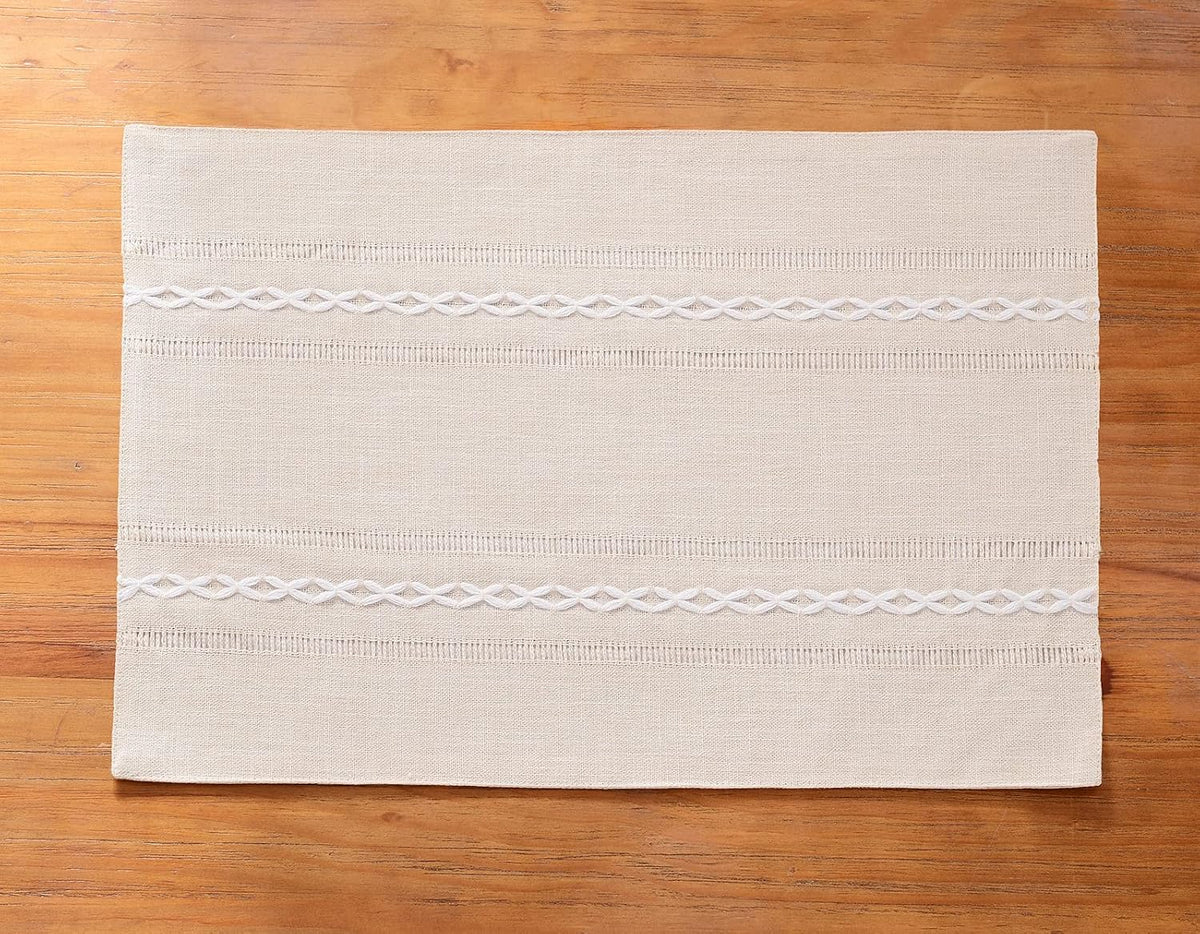Wracra Cotton Linen Place Mats, Ivory Embroidered Placemats Set of 8 | Placemats 12 x 18 Inch; Cotton Linen Woven
