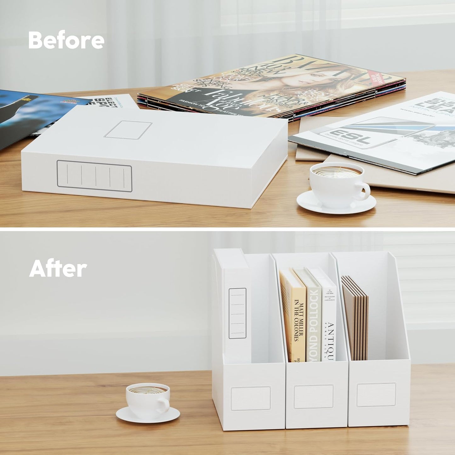 White Magazine File Holders，3 Packs Cardboard File Rack, Folder Holder | Sturdy Cardboard Desktop Storage File Box