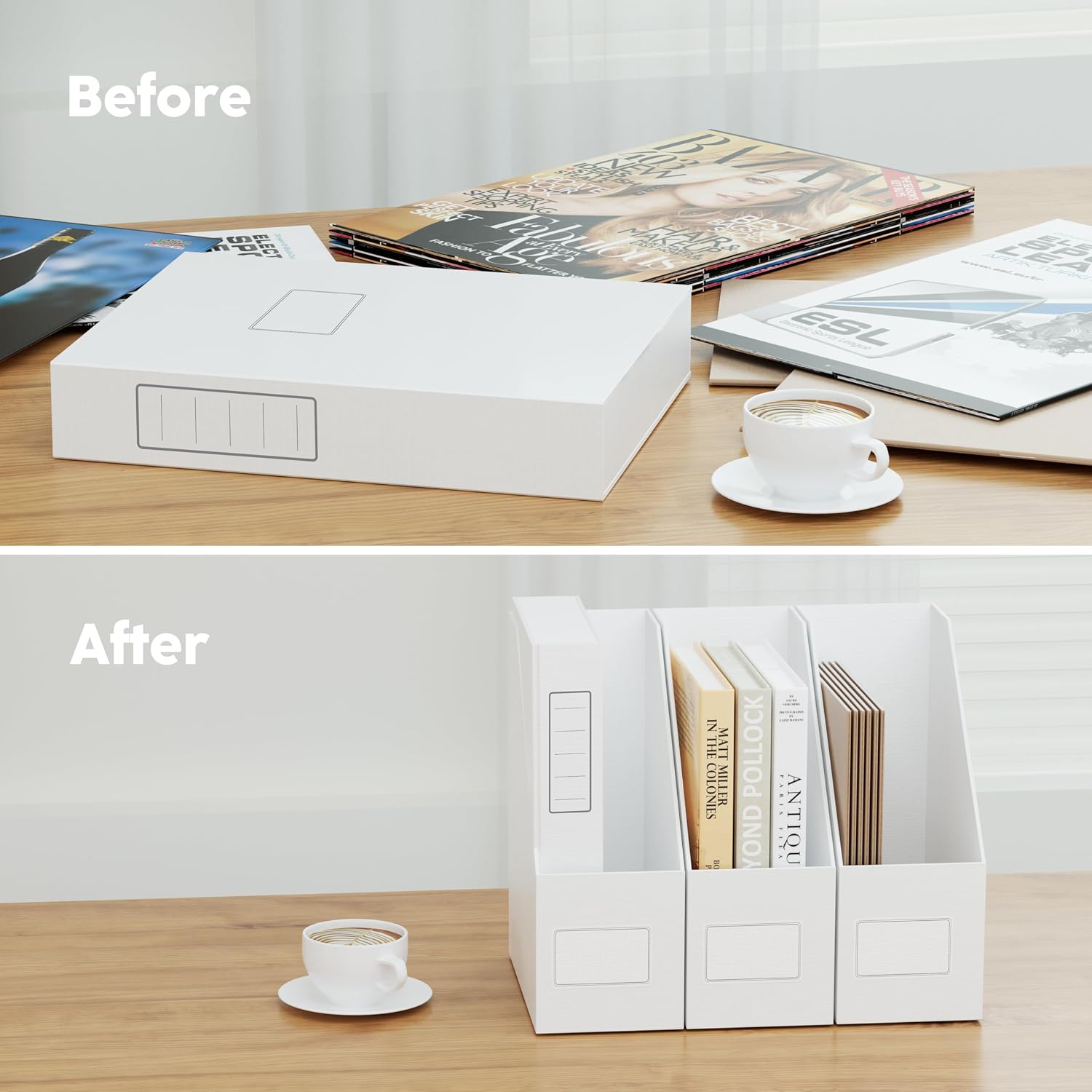 White Magazine File Holders，3 Packs Cardboard File Rack, Folder Holder | Sturdy Cardboard Desktop Storage File Box