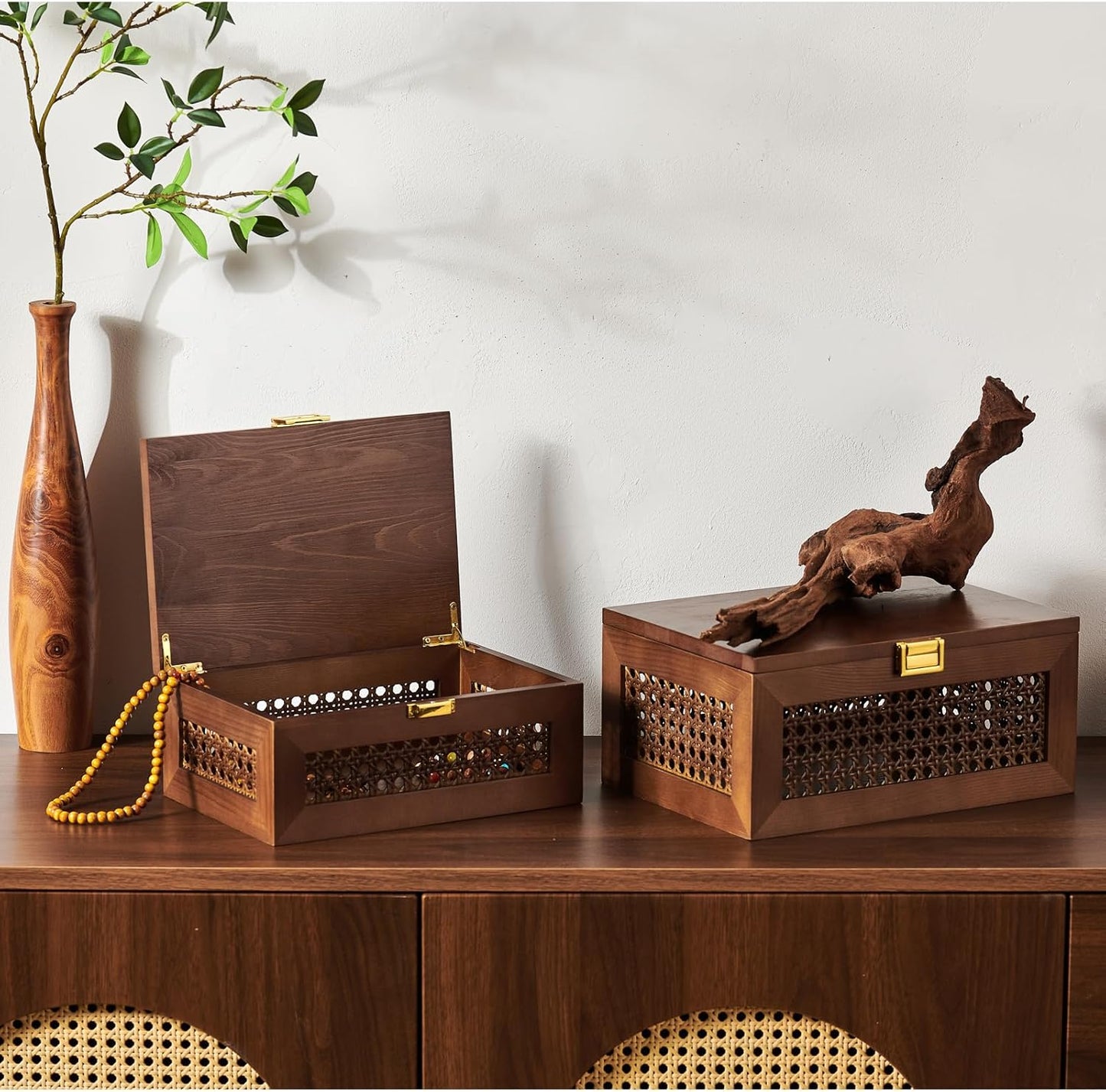 Decorative Rattan Storage Boxes Solid Wood Woven Baskets Bins / Walnut / Natural