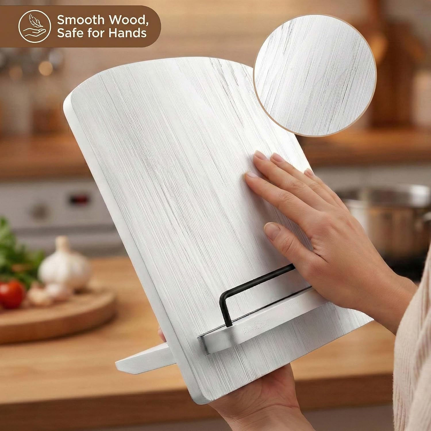 White Farmhouse Cookbook Stand: Wood Recipe Holder for Kitchen Counter | Sturdy Solid Wood Stand with Metal Page Clips