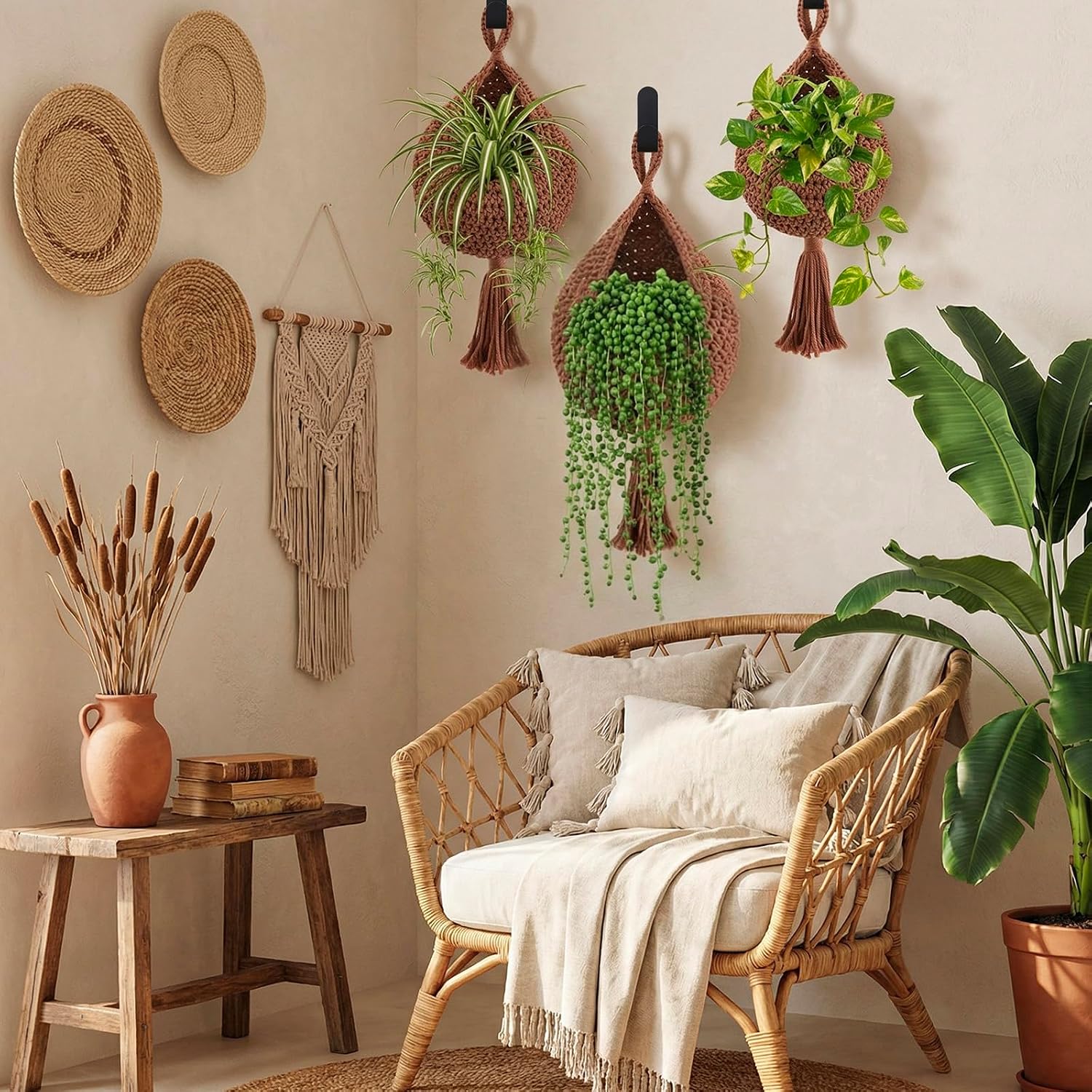 Boho Decor Hanging Wall Baskets / White / Cotton Rope / Tassel Style / Set of 3