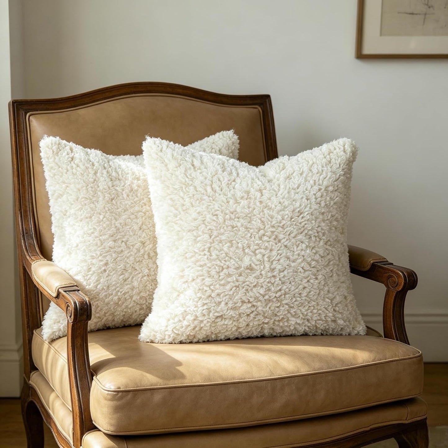 Faux Fur Decorative Pillow Covers Soft Fluffy Sherpa Boucle Throw / Light Beige / 18 x 18 / Set of 2