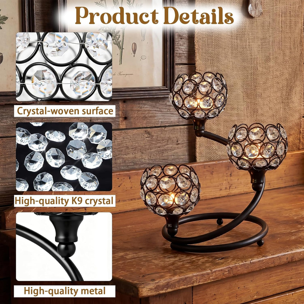 Metal Crystal Candle Holder -Bling Elegant 3-Arm Metal Tea Light Centerpiece with Shining Crystal Bowl, Wedding