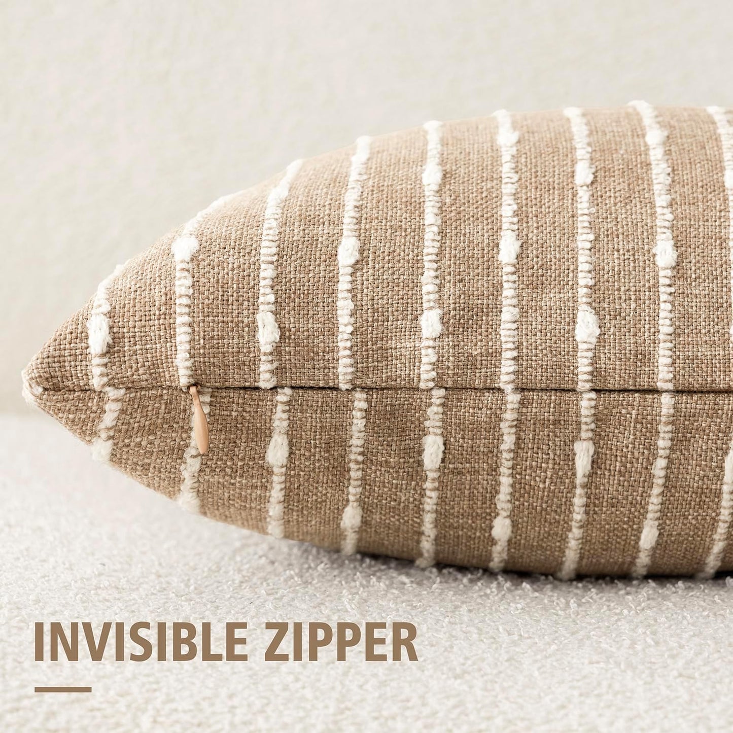 Decorative Jacquard Boucle Throw Pillow Covers Accent Textured Striped / 18 x 18 / Camel / Set of 2