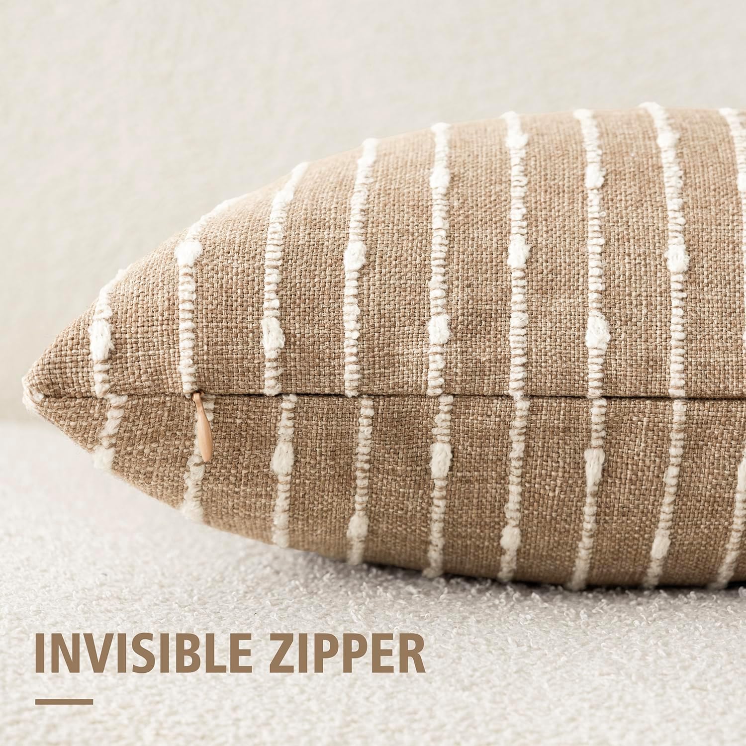 Decorative Jacquard Boucle Throw Pillow Covers Accent Textured Striped / 18 x 18 / Camel / Set of 2