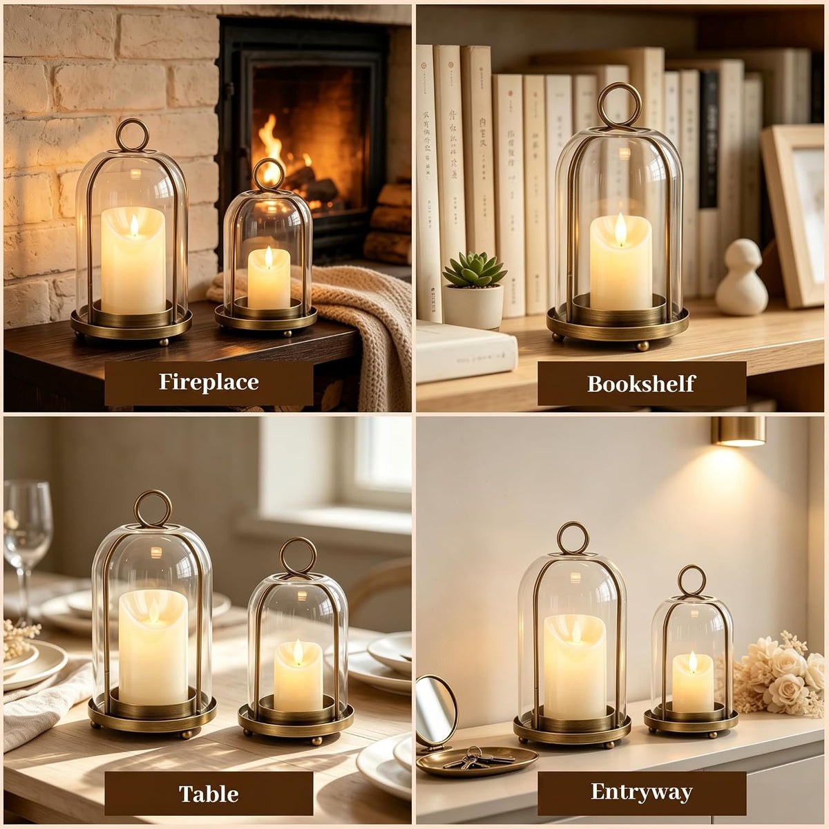 Glass Hurricane Candle Holder Decorative Gold Candle Lantern | Pillar Candlestick Holders Set of 2, Hanging Metal