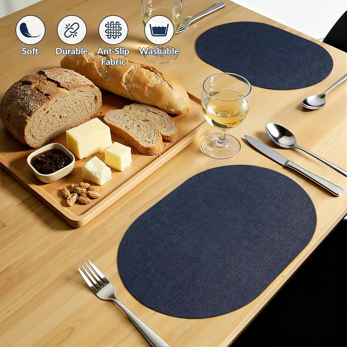 Placemats Set of 6, 11.8 x 17 Inch, Navy | Heat Resistant Oval Faux Leather Place Mats, Waterproof Wipeable Reversible