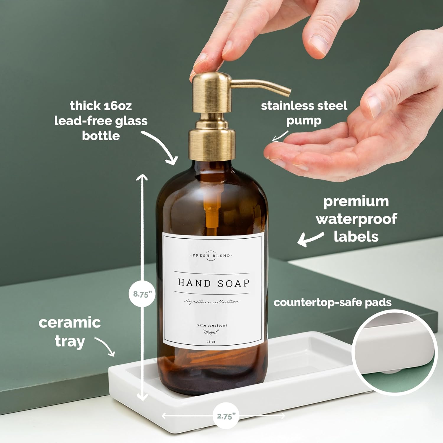 Vine Creations Amber Glass Soap Dispenser, 2 Pack Kitchen Soap Dispenser Set with Ceramic Tray, Stainless Steel Pump