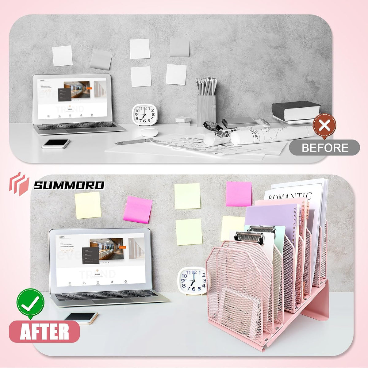 SUMMORO Inclined File Organizer for Desk, 7-Section Vertical File Holder | Office Desk Organizer Metal Rack File