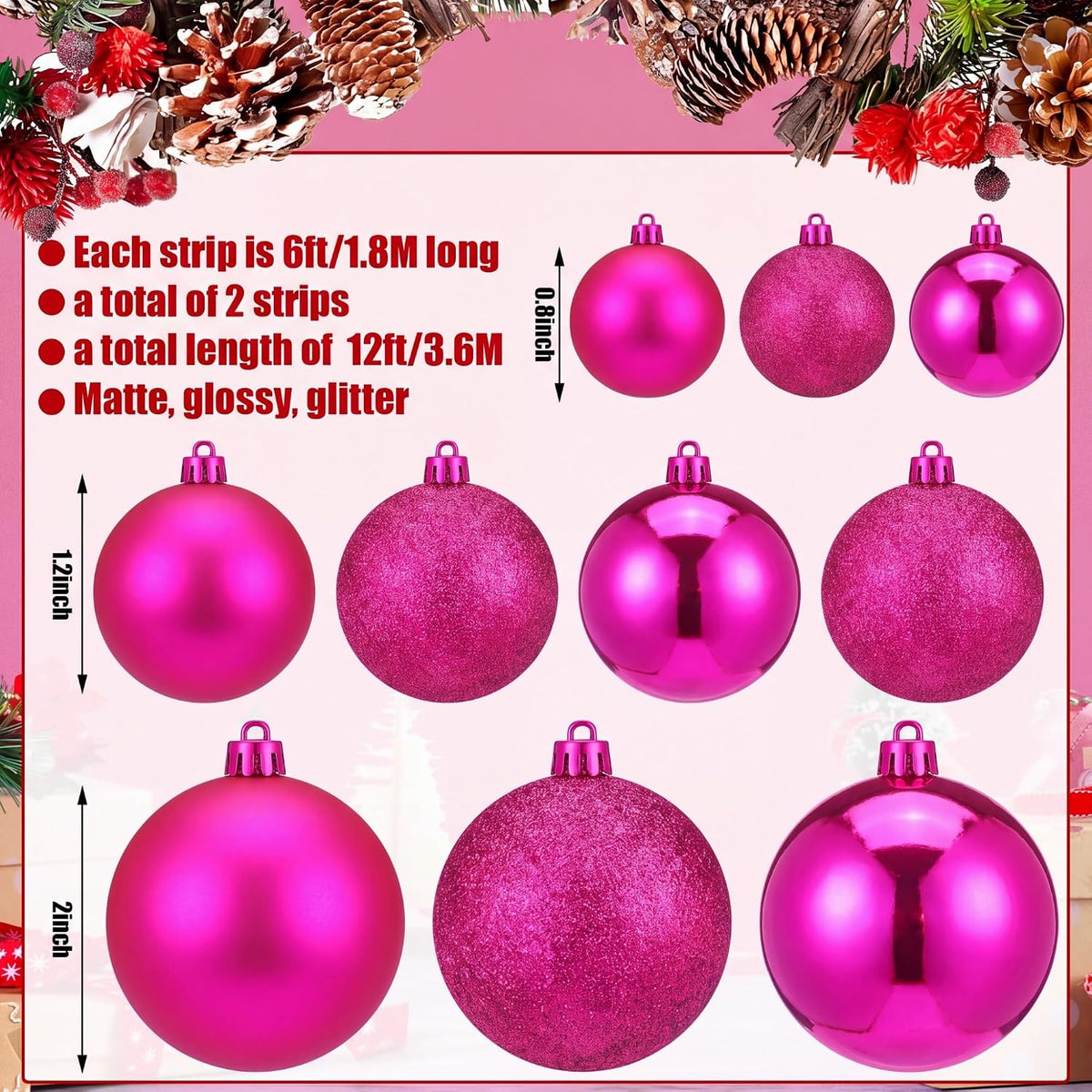 2 Pcs Christmas Ball Garland 6 ft Ball Ornaments Christmas Bulb Garland Xmas Tree Bauble Decorations for Party Indoor