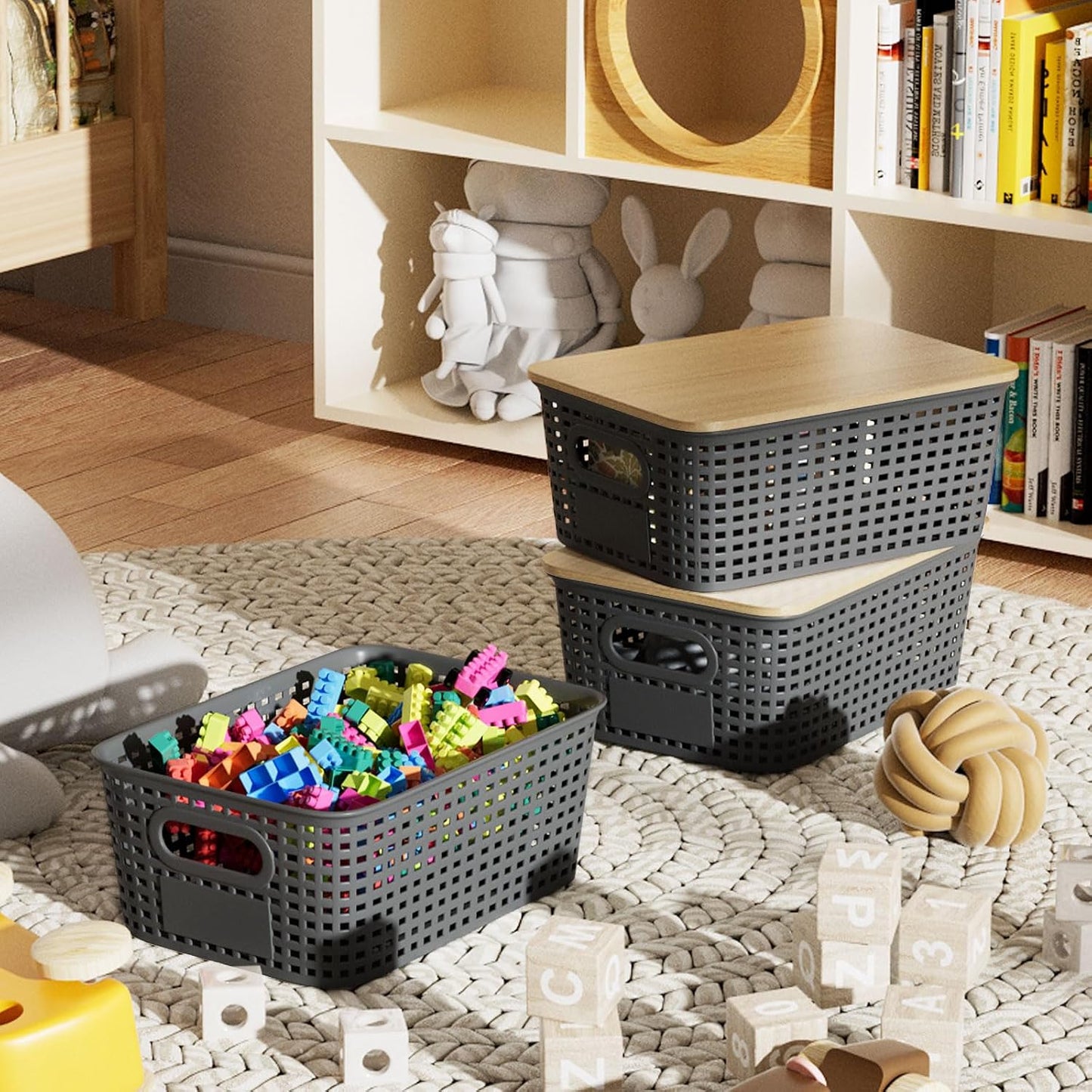 Storage Bins / Stackable Plastic Storage Basket / Gray / Set of 6