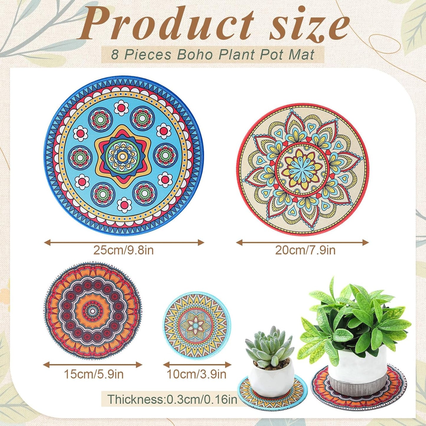 Boho Plant Pot Mat 4 Size 9.84" 7.87" 5.9" 3.94" Rubber Absorbent Non Slip Pot House / Set of 8