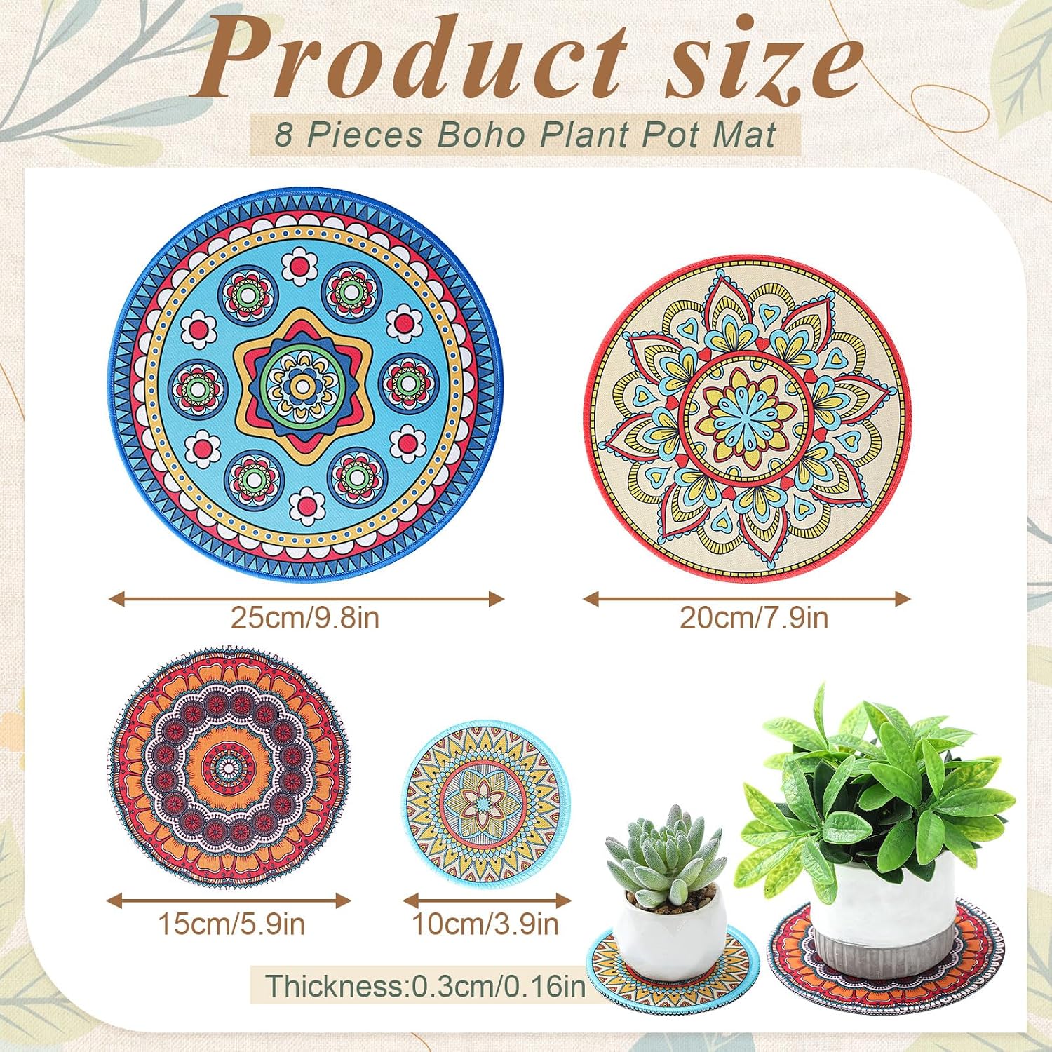 Boho Plant Pot Mat 4 Size 9.84" 7.87" 5.9" 3.94" Rubber Absorbent Non Slip Pot House / Set of 8