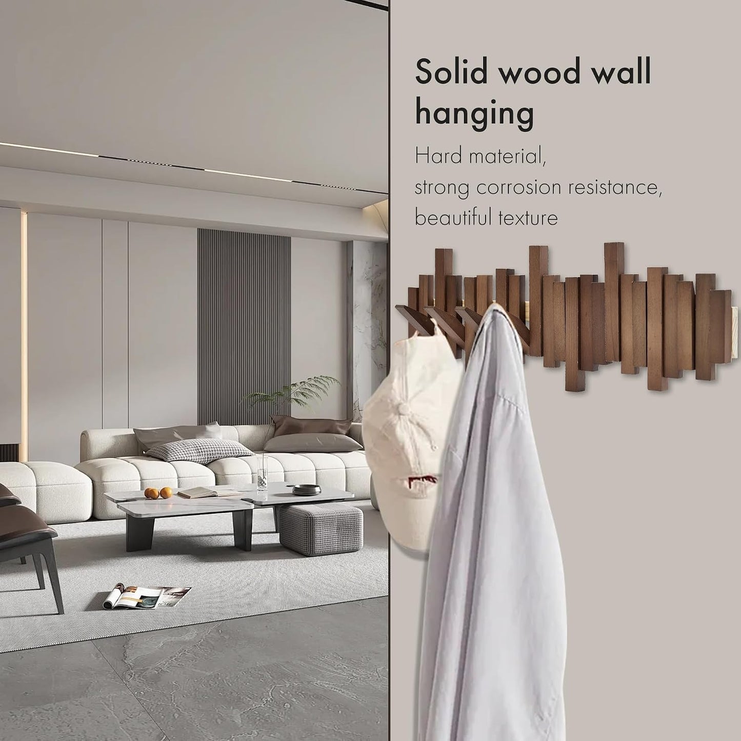 Natural Wood Wall Mounted Piano Coat Rack | Mounted Coat | Flip Up Wall Hook 8 Hooks | Entry Art Hooks in Walnut