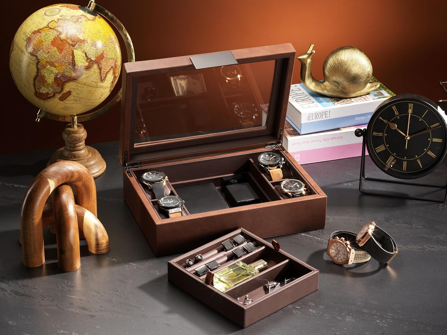 Glenor Co Valet Jewelry Box for Men - Holds 4 Watches, 12 cufflinks, 2 Sunglasses & Tray Storage - Mens Watch Case