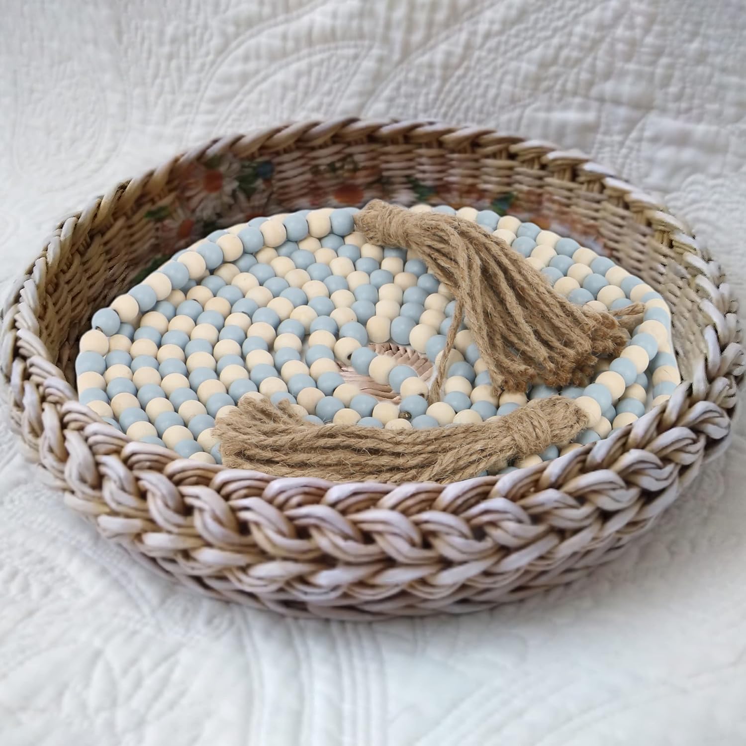 Wood Beads Garland / Mix Light Blue and Beige