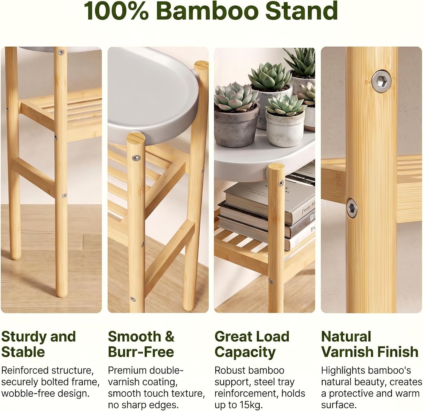 Bamboo Plant Stand Indoor, 47" 2-Tier Plant Shelf Table for Multiple Plants | Easy-Clean Steel Top | Smooth Bamboo