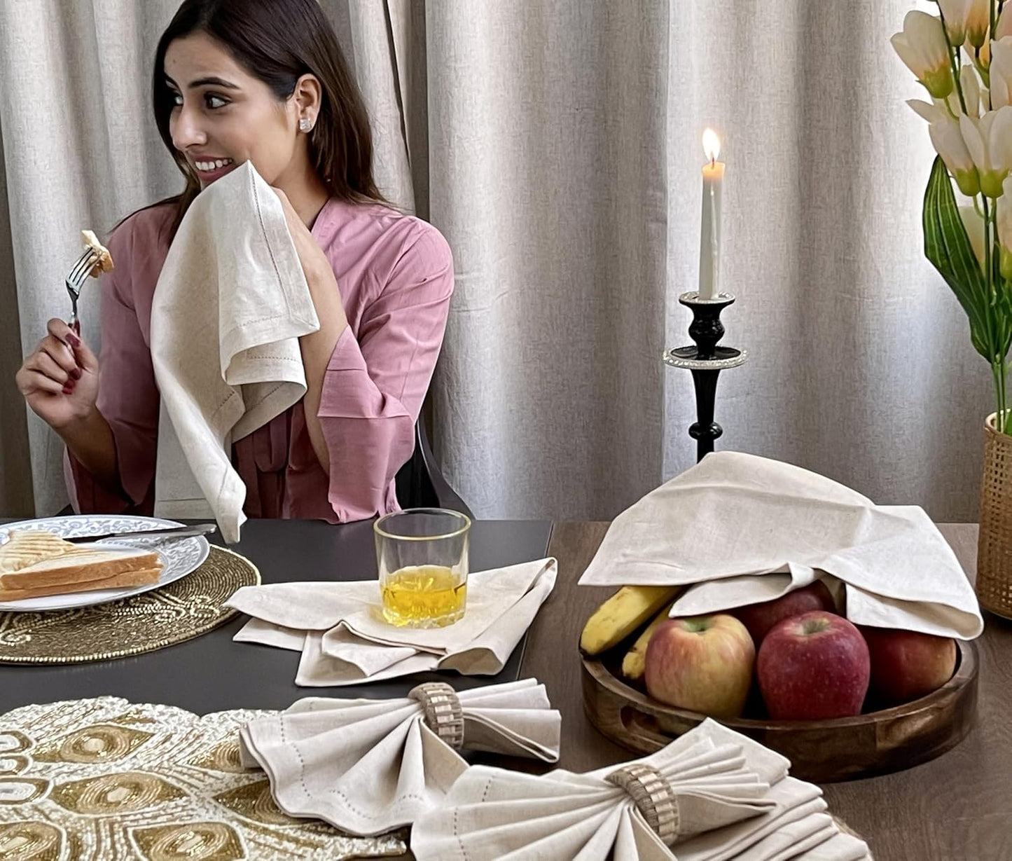 HOMIDATE Linen Cotton Cloth Dinner Napkins, 20x20, Set of 12 | Flax cotton blend, hemstitched mitered corners, machine