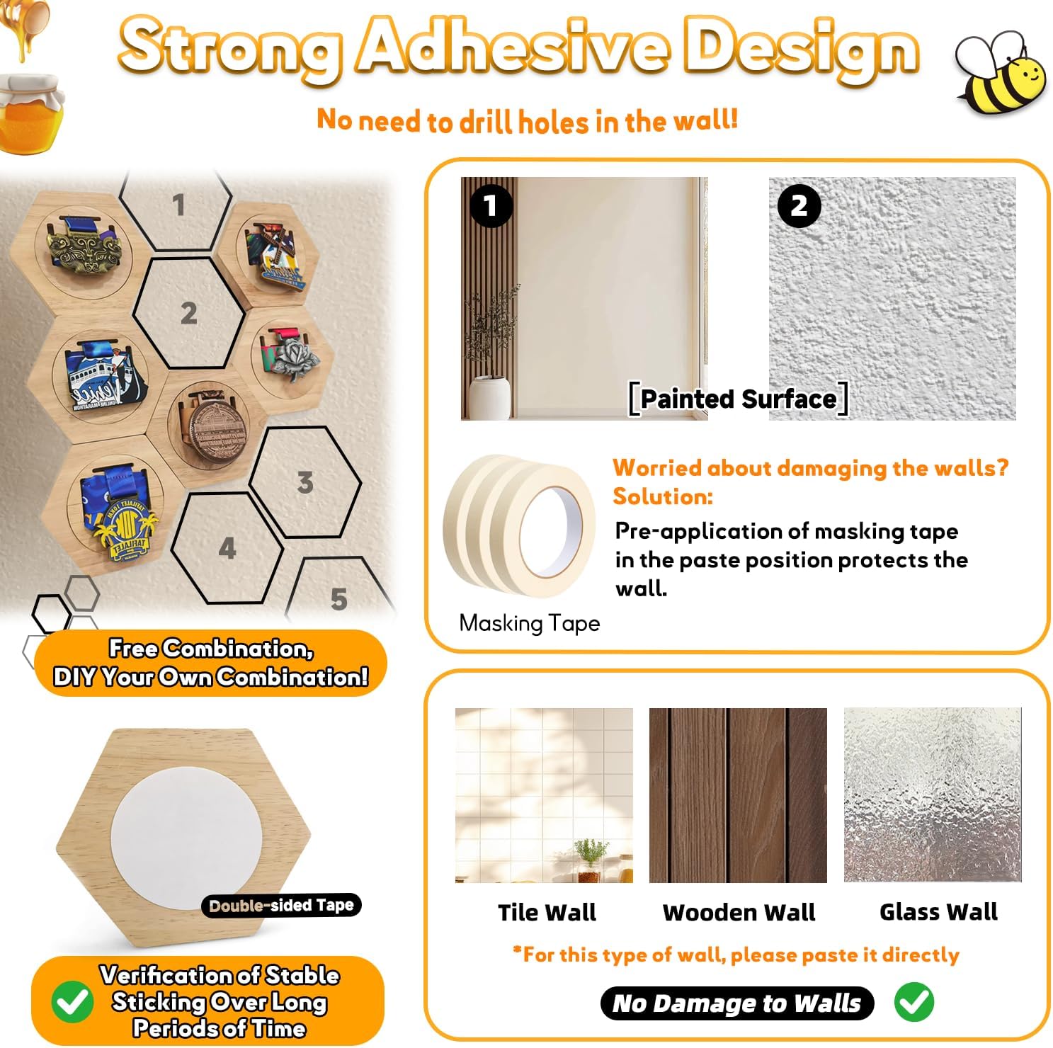 Fashion Medal Holders Display Stand Wall Rack | Honeycomb Wooden Medal Stand, Hexagon Free Stand, For Basketball
