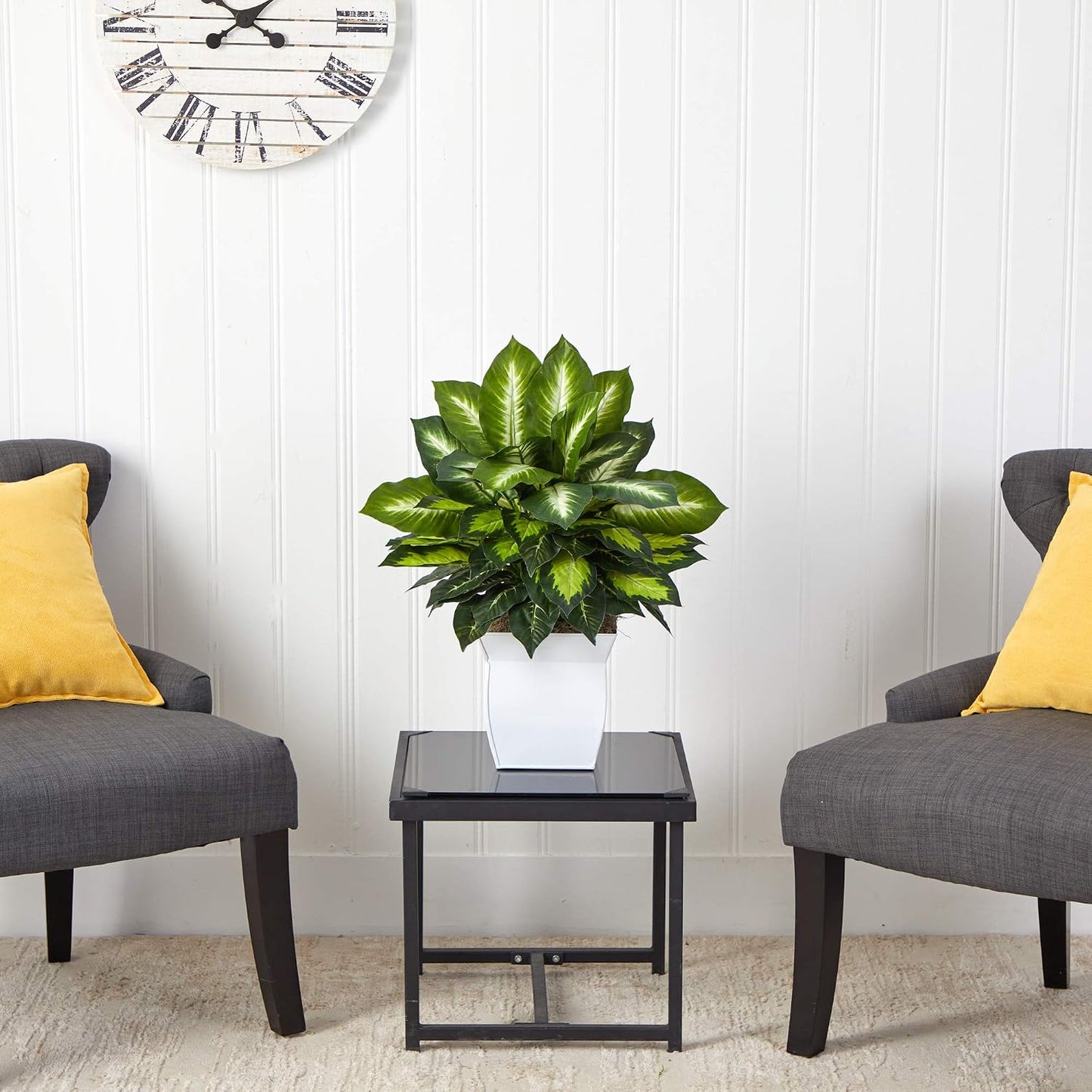 . Golden Dieffenbachia Artificial Plant in Metal Planter / White / 2 Inch