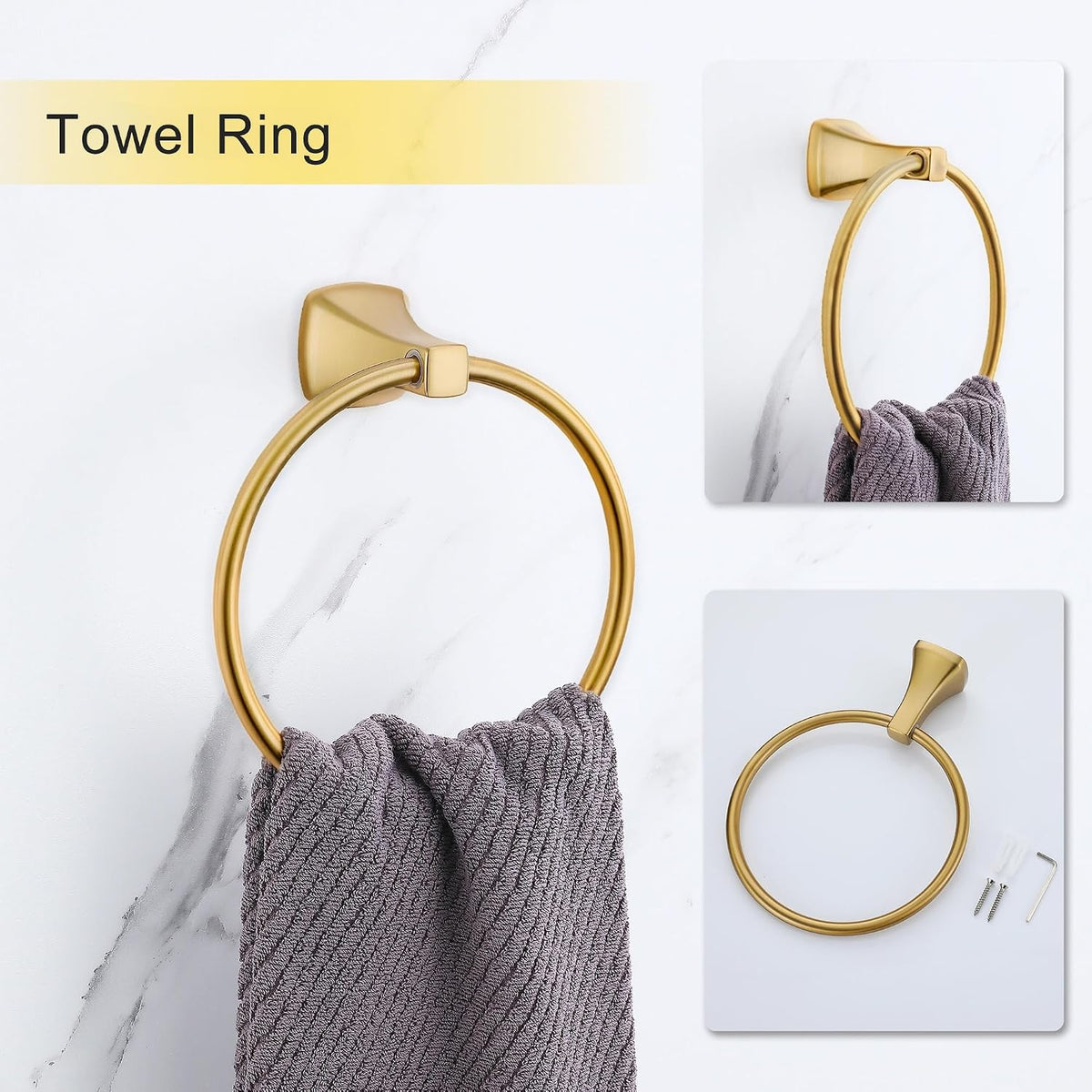 Brushed Gold Bathroom Hardware Set 4 Piece Gold Bathroom Accessories Set, 23.6 inch Bath Towel Bar Set | Towel Hook