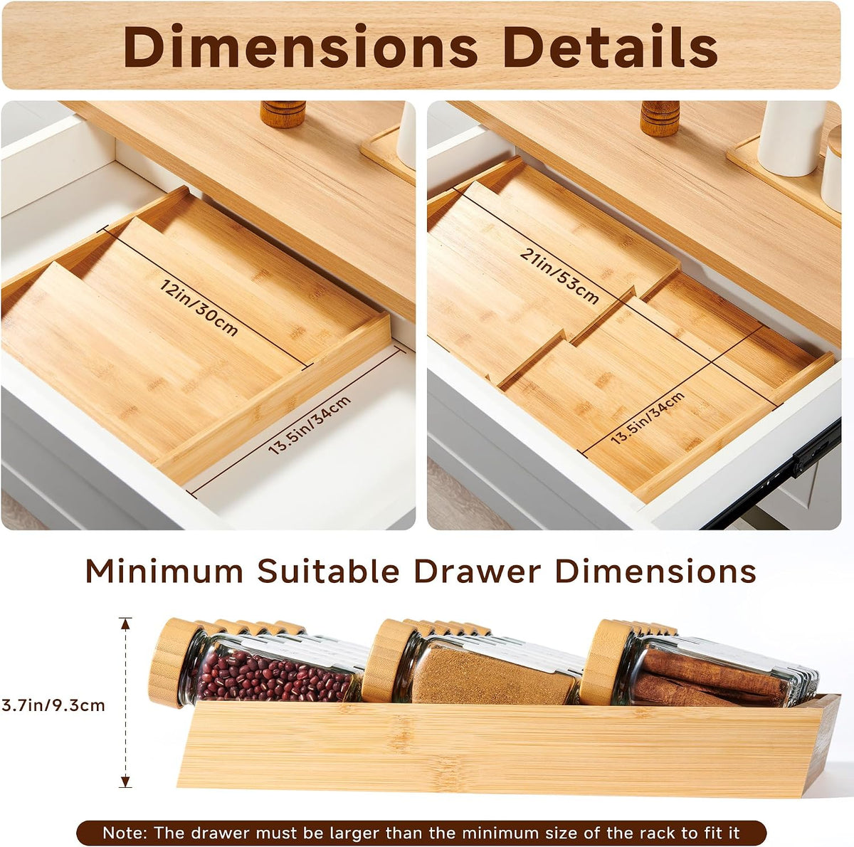 3-Tier Expandable Bamboo Spice Drawer Organizer, Adjustable Width 12" to 21", Kitchen Storage with 36 Glass Jars &