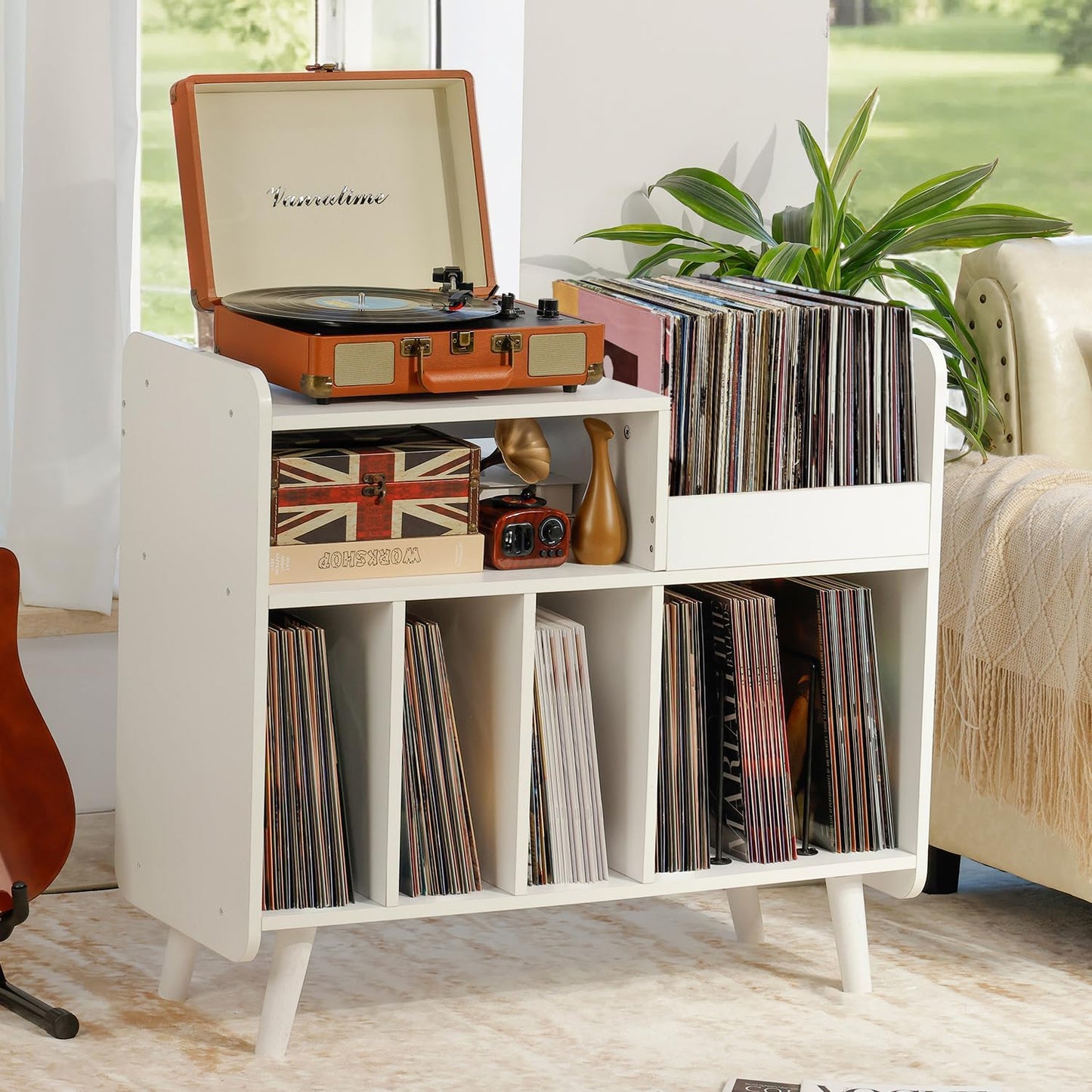 Record Player Stand, Large Record Player Table Cabinet (White) | Record Player Stand with Open Vinyl Storage&Display