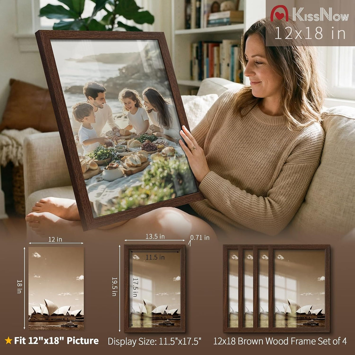 12x18 Poster Frame 4 Pack, Brown Solid Wood, Gallery Wall Hanging | Thick & Wide Border, HD Tempered Glass, Vertical or