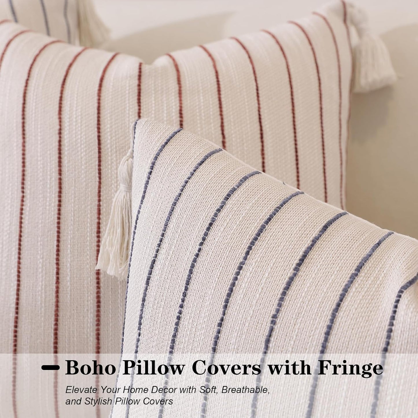 Decorative Boho Throw Pillow Covers / Navy Blue Striped / 18 x 18 / Set of 2