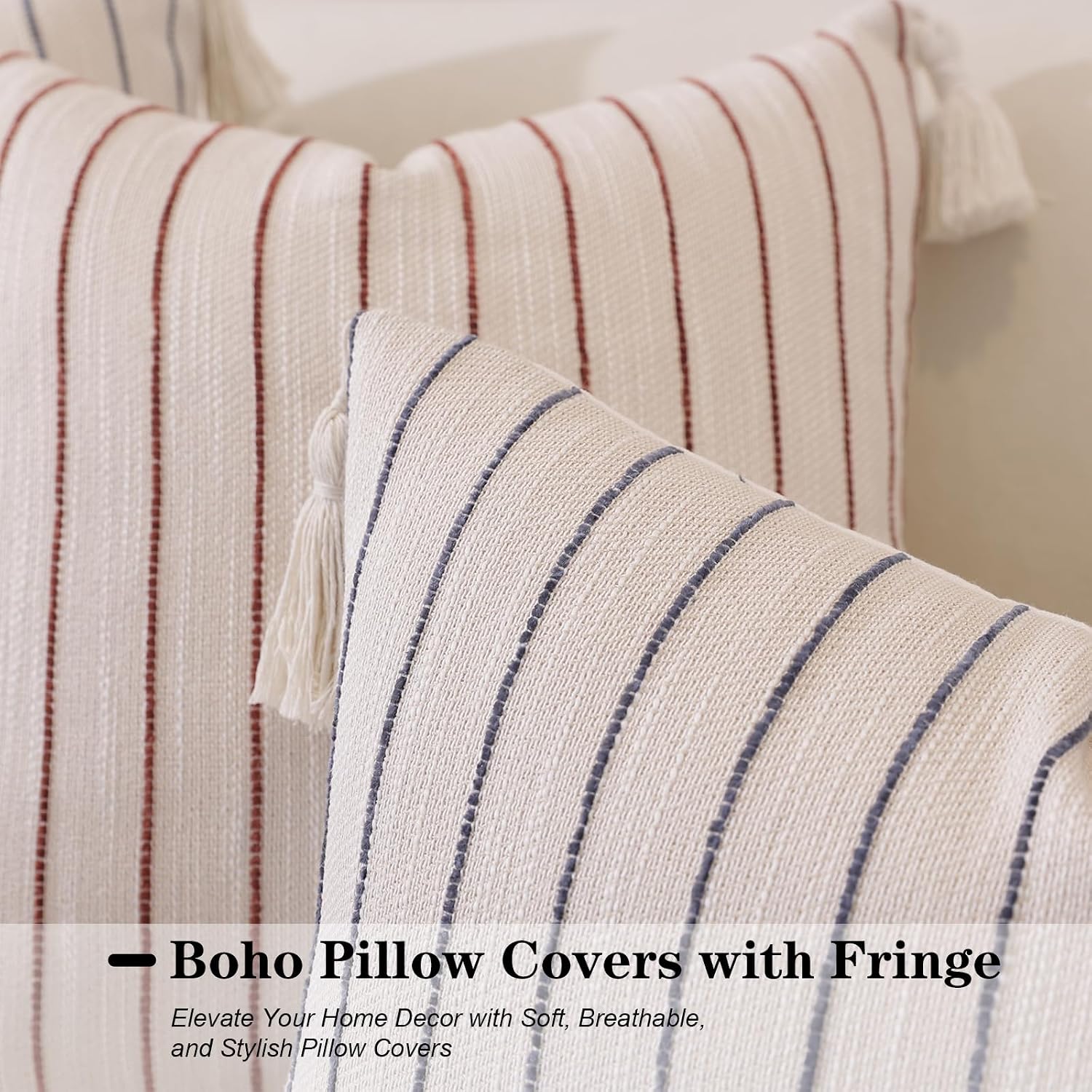Decorative Boho Throw Pillow Covers / Navy Blue Striped / 18 x 18 / Set of 2