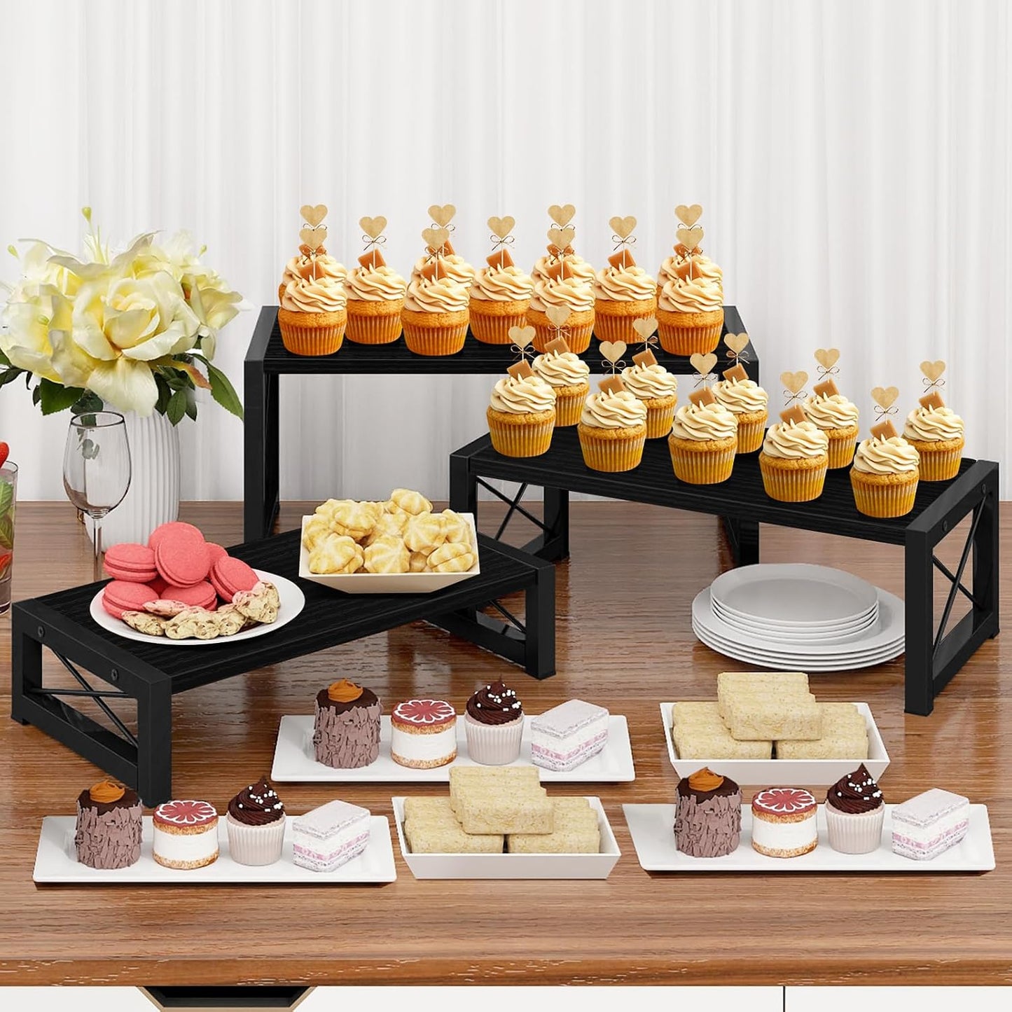ELITEROO Black 3-Tier Wooden Cupcake and Dessert Display Stand, Multi-Tier Riser for Cupcakes, Food, Perfume, Makeup